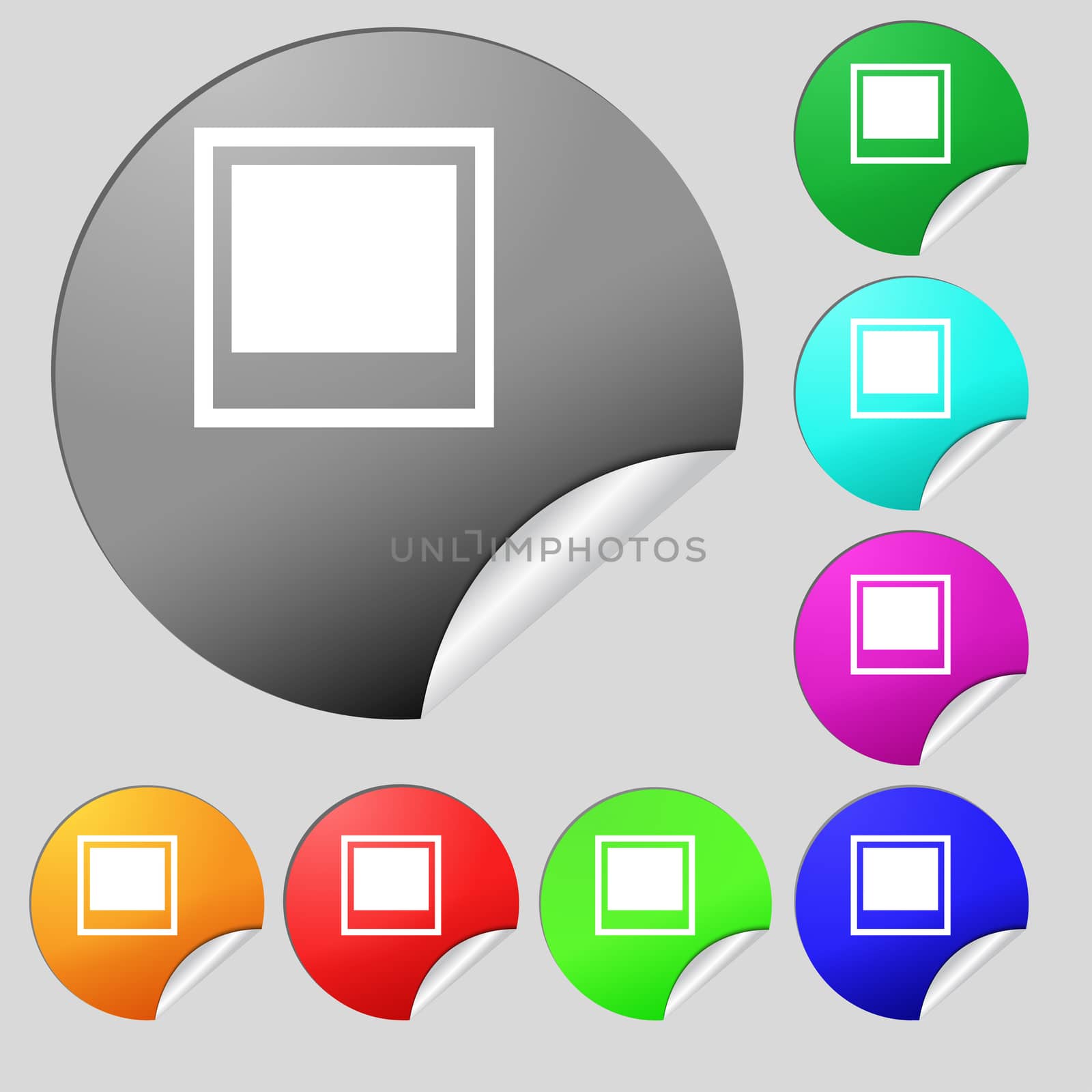Photo frame template icon sign. Set of eight multi-colored round buttons, stickers. illustration