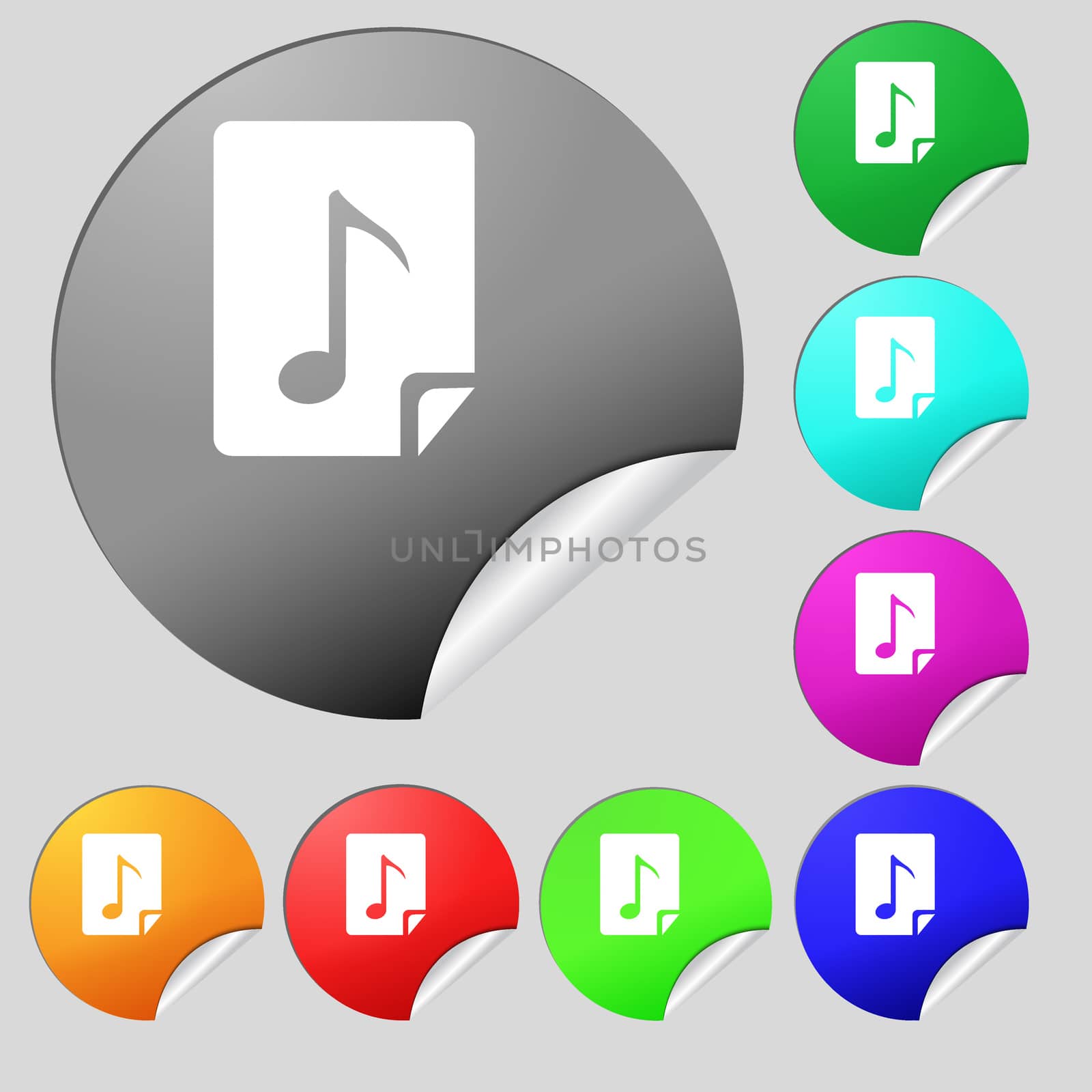 Audio, MP3 file icon sign. Set of eight multi colored round buttons, stickers.  by serhii_lohvyniuk