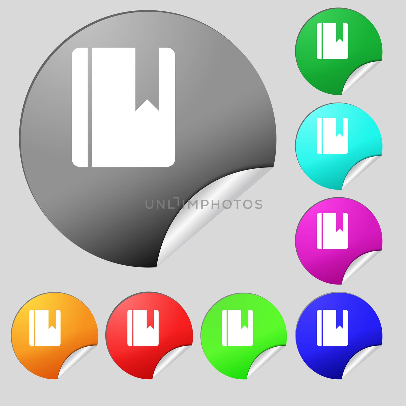 book bookmark icon sign. Set of eight multi-colored round buttons, stickers. illustration