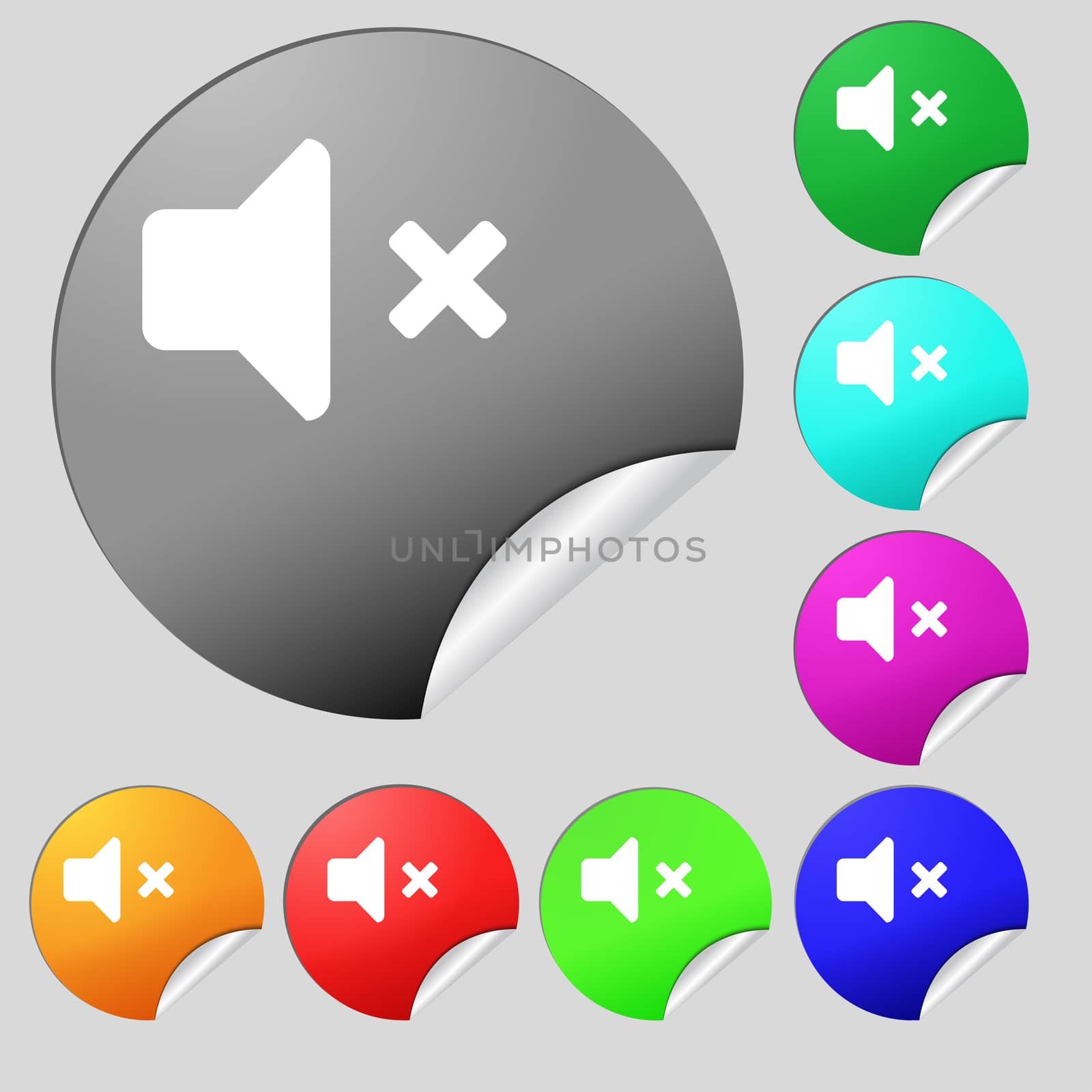 Mute speaker , Sound icon sign. Set of eight multi-colored round buttons, stickers. illustration