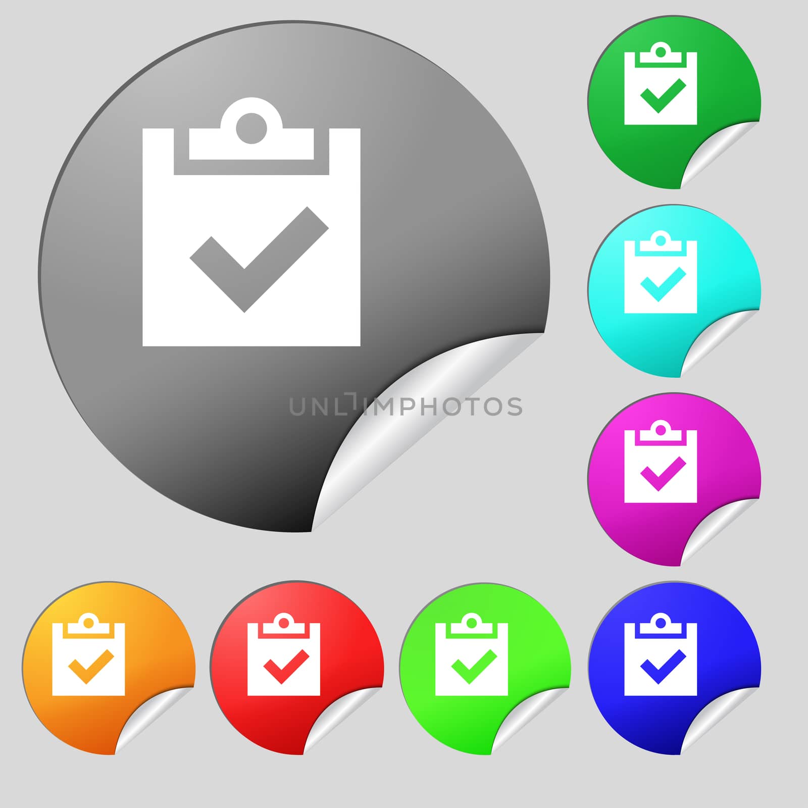 Check mark, tik icon sign. Set of eight multi-colored round buttons, stickers. illustration