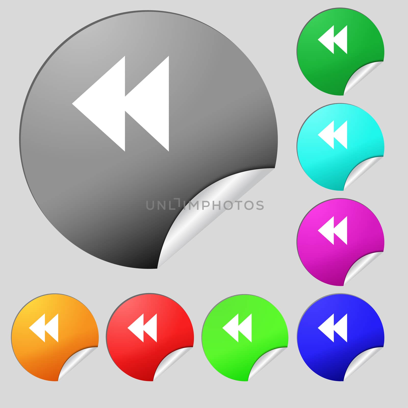 rewind icon sign. Set of eight multi-colored round buttons, stickers. illustration