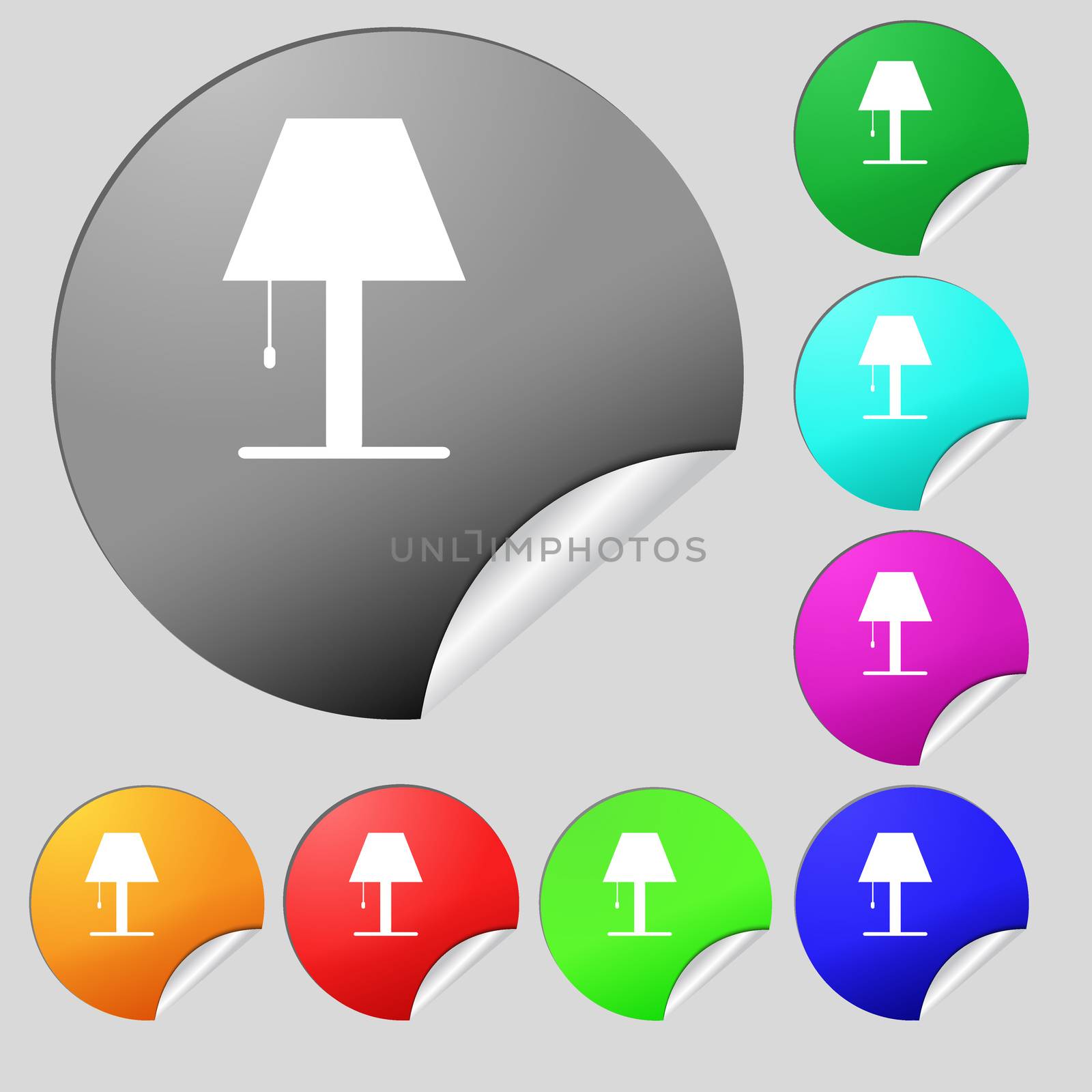 Lamp icon sign. Set of eight multi colored round buttons, stickers.  by serhii_lohvyniuk