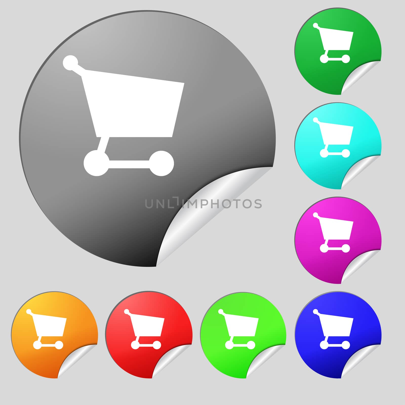 Shopping basket icon sign. Set of eight multi-colored round buttons, stickers. illustration