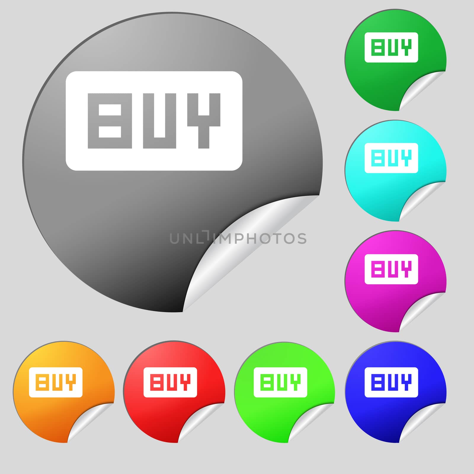 Buy, Online buying dollar usd  icon sign. Set of eight multi-colored round buttons, stickers. illustration