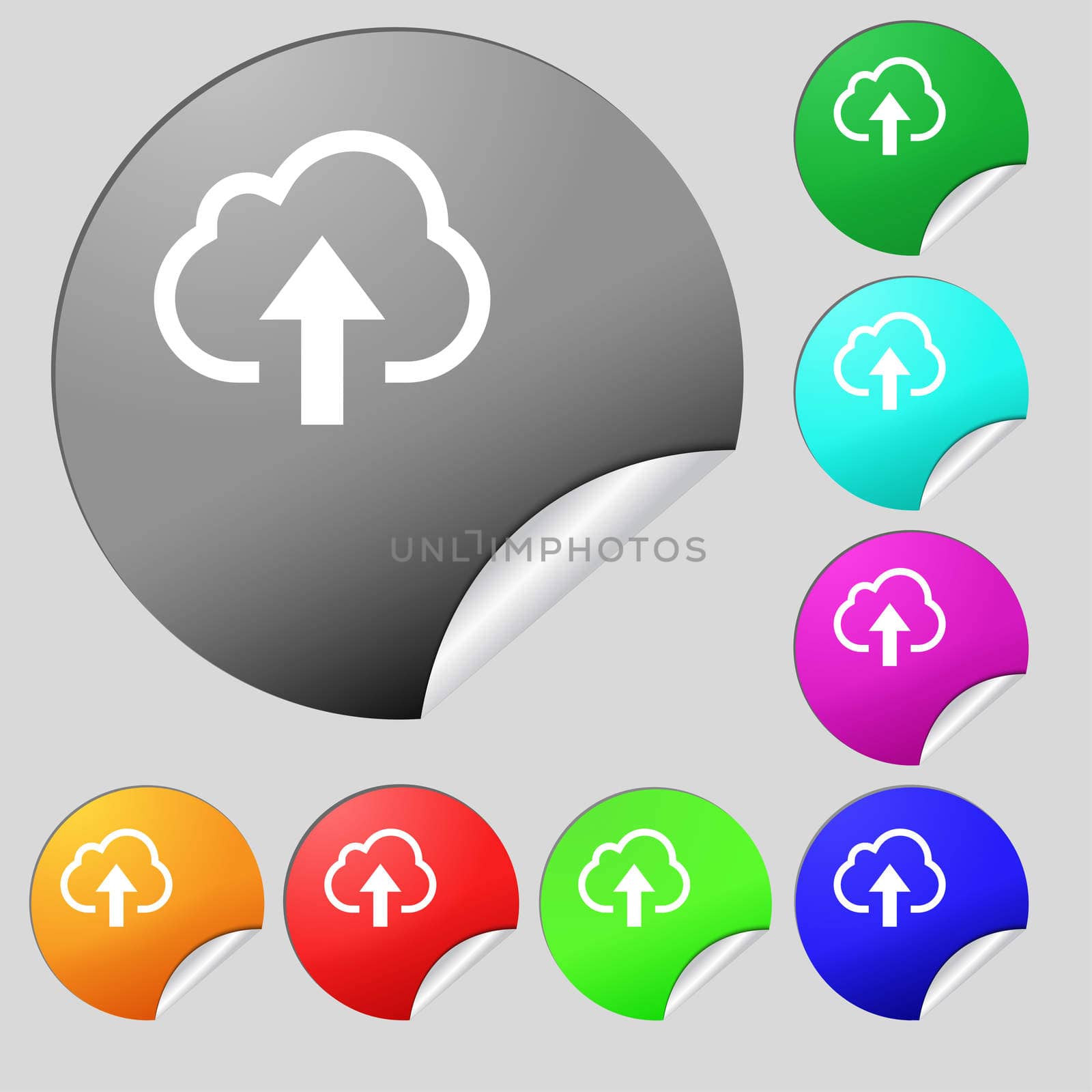 Upload from cloud icon sign. Set of eight multi-colored round buttons, stickers. illustration