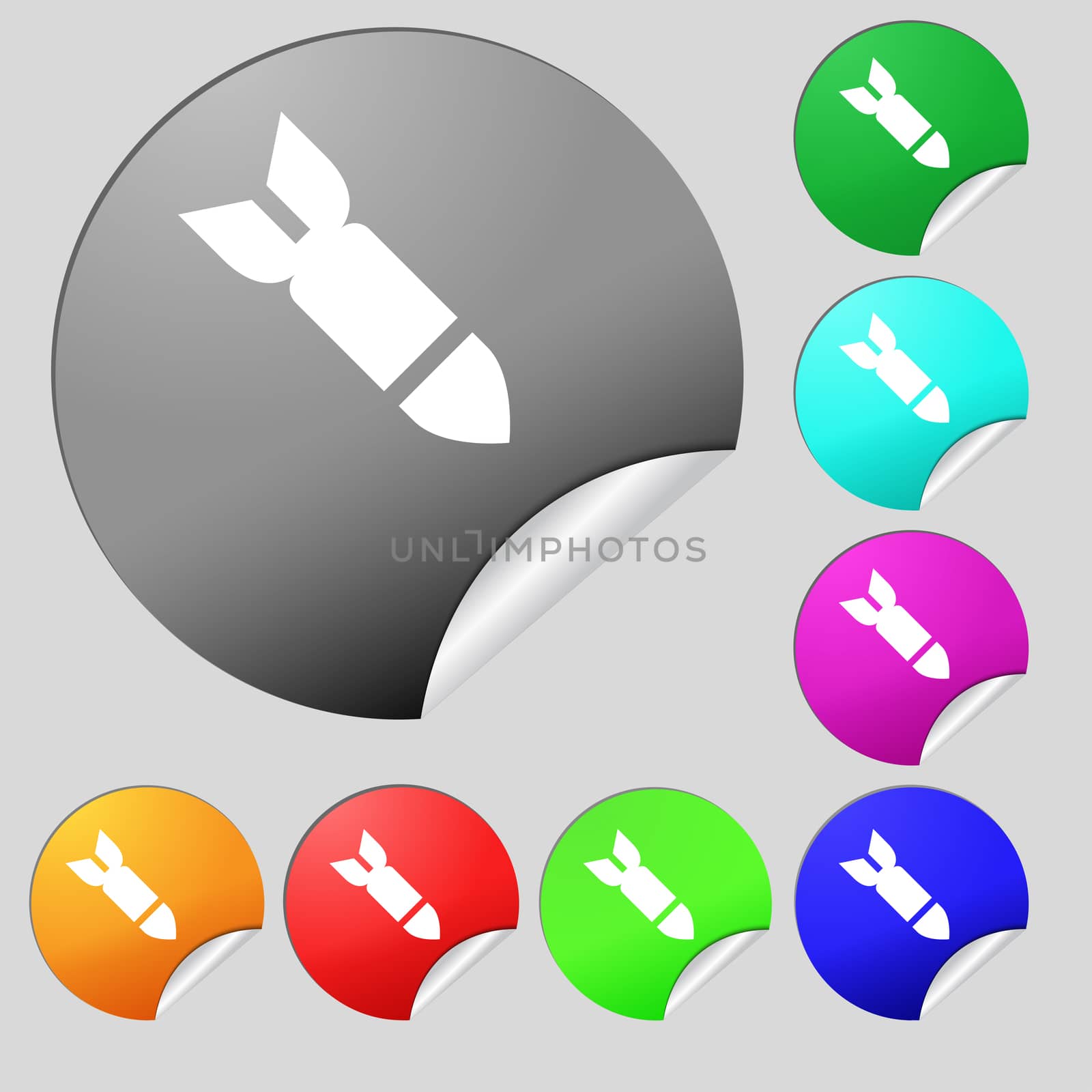 Missile,Rocket weapon icon sign. Set of eight multi-colored round buttons, stickers. illustration