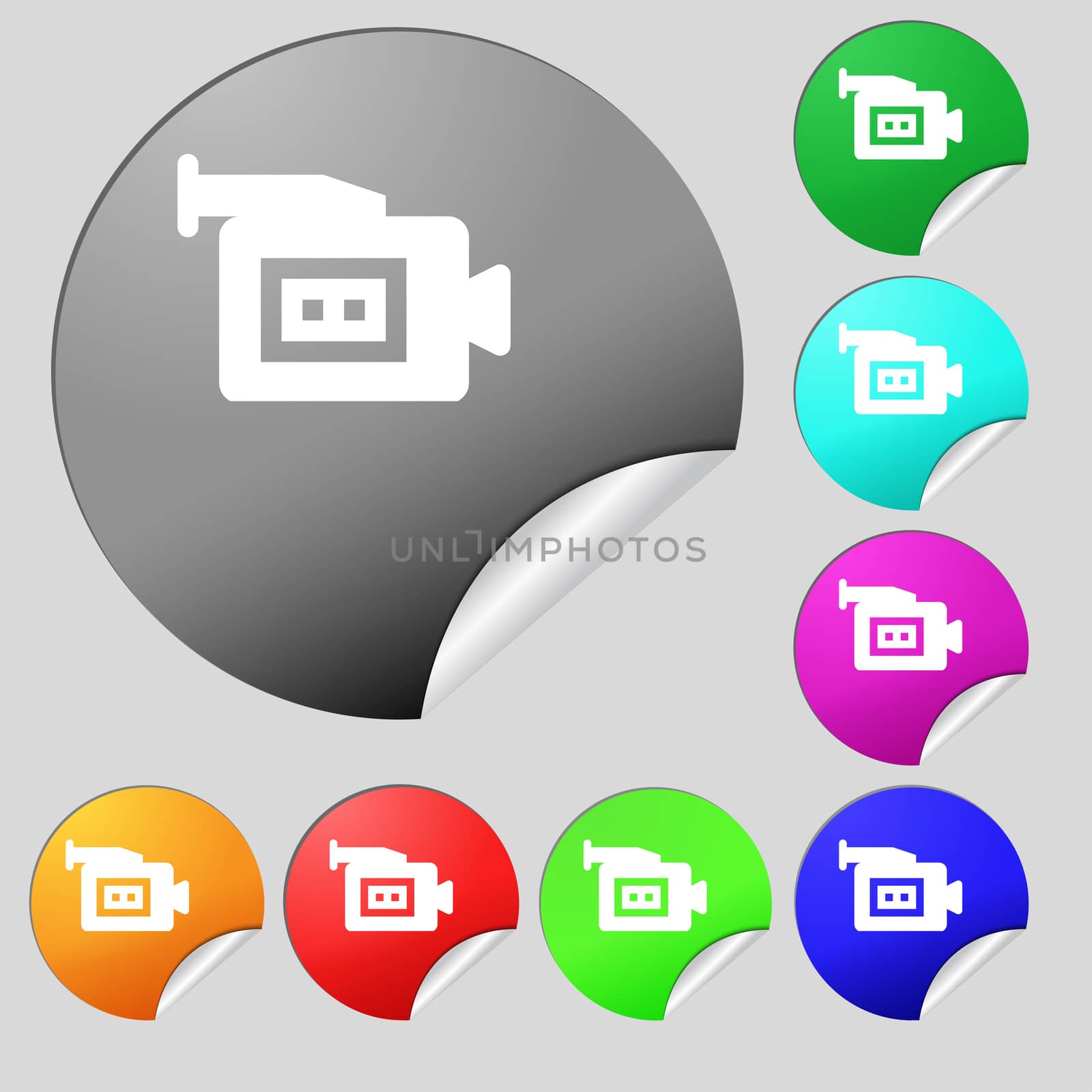 video camera icon sign. Set of eight multi-colored round buttons, stickers. illustration