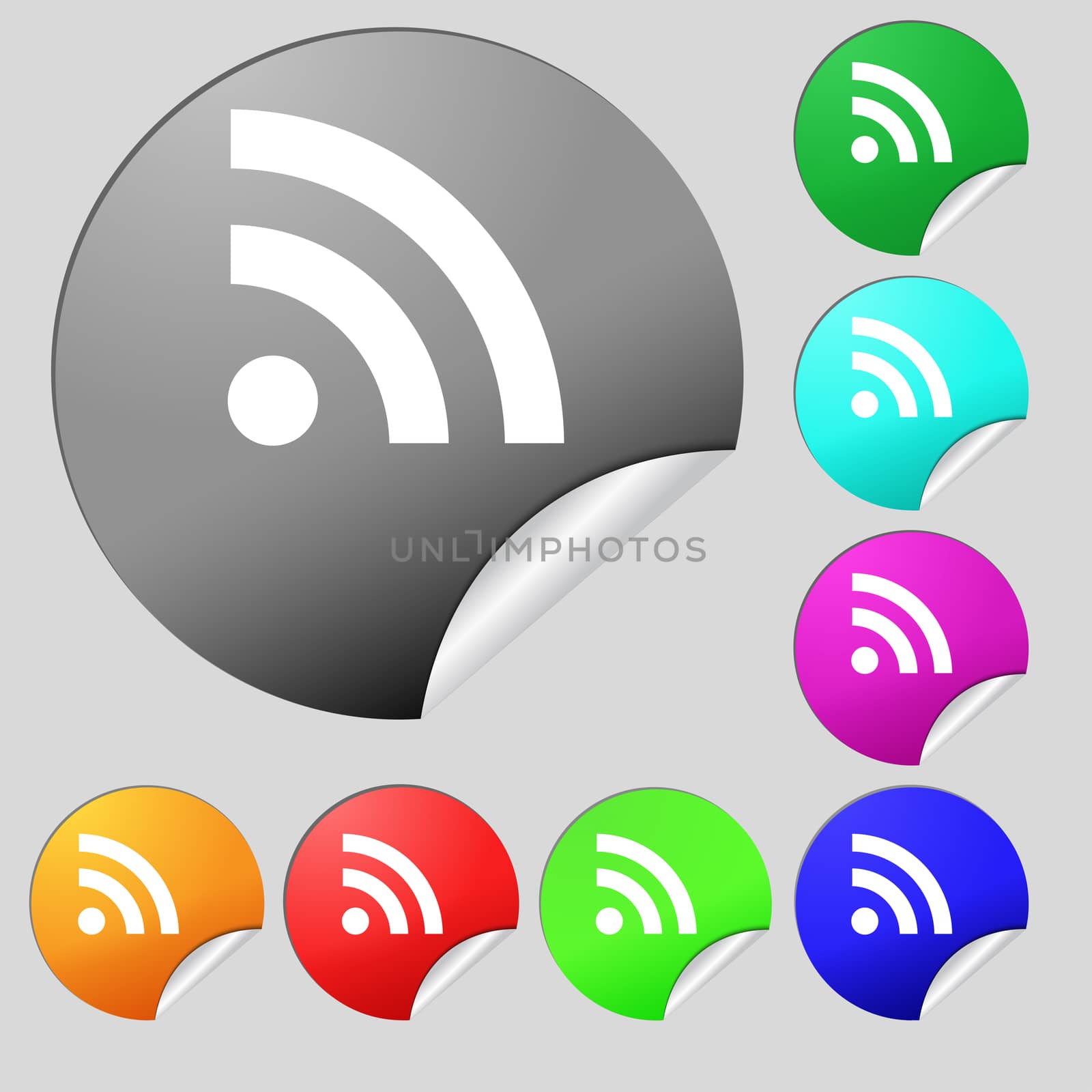 RSS feed icon sign. Set of eight multi-colored round buttons, stickers. illustration