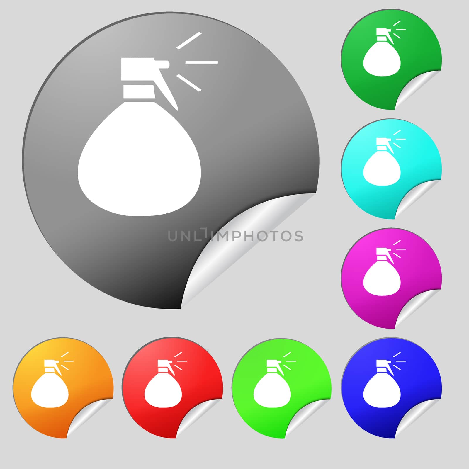 plastic spray of water icon sign. Set of eight multi colored round buttons, stickers. illustration
