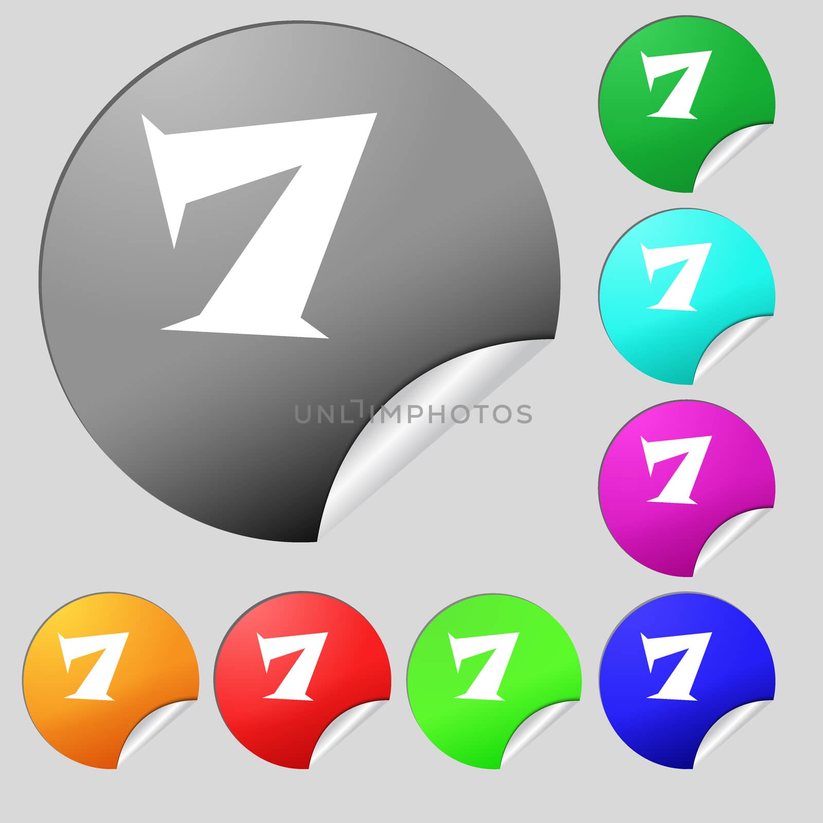 number seven icon sign. Set of eight multi colored round buttons, stickers. illustration