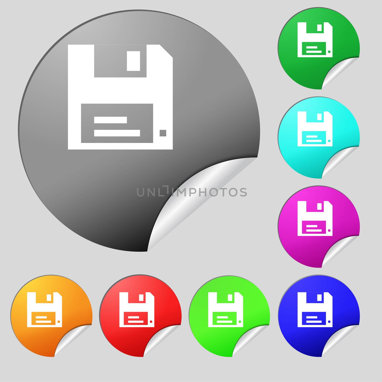 floppy icon sign. Set of eight multi-colored round buttons, stickers. illustration