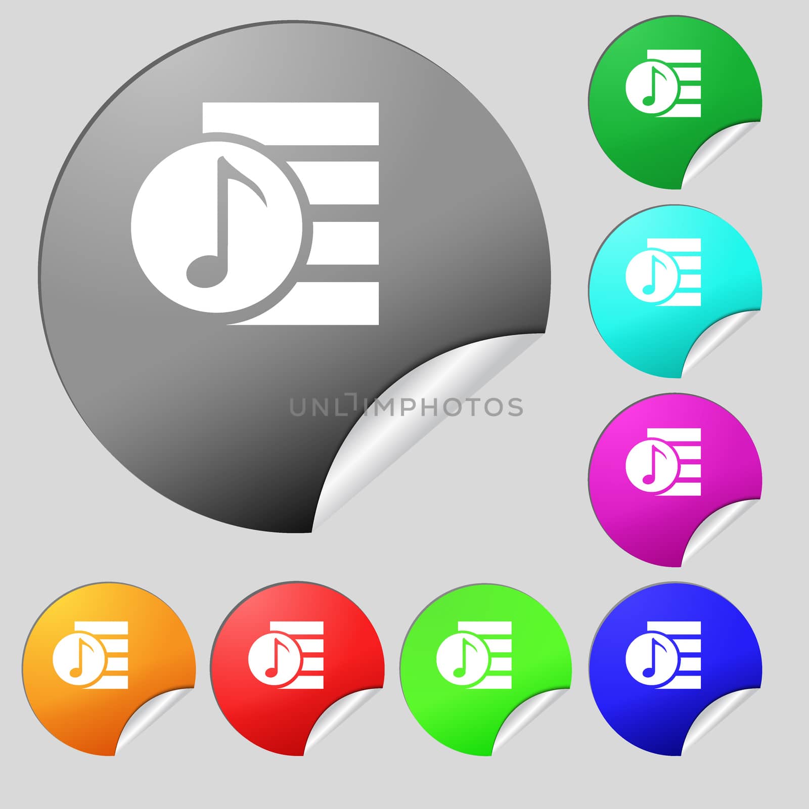 Audio, MP3 file icon sign. Set of eight multi colored round buttons, stickers. illustration