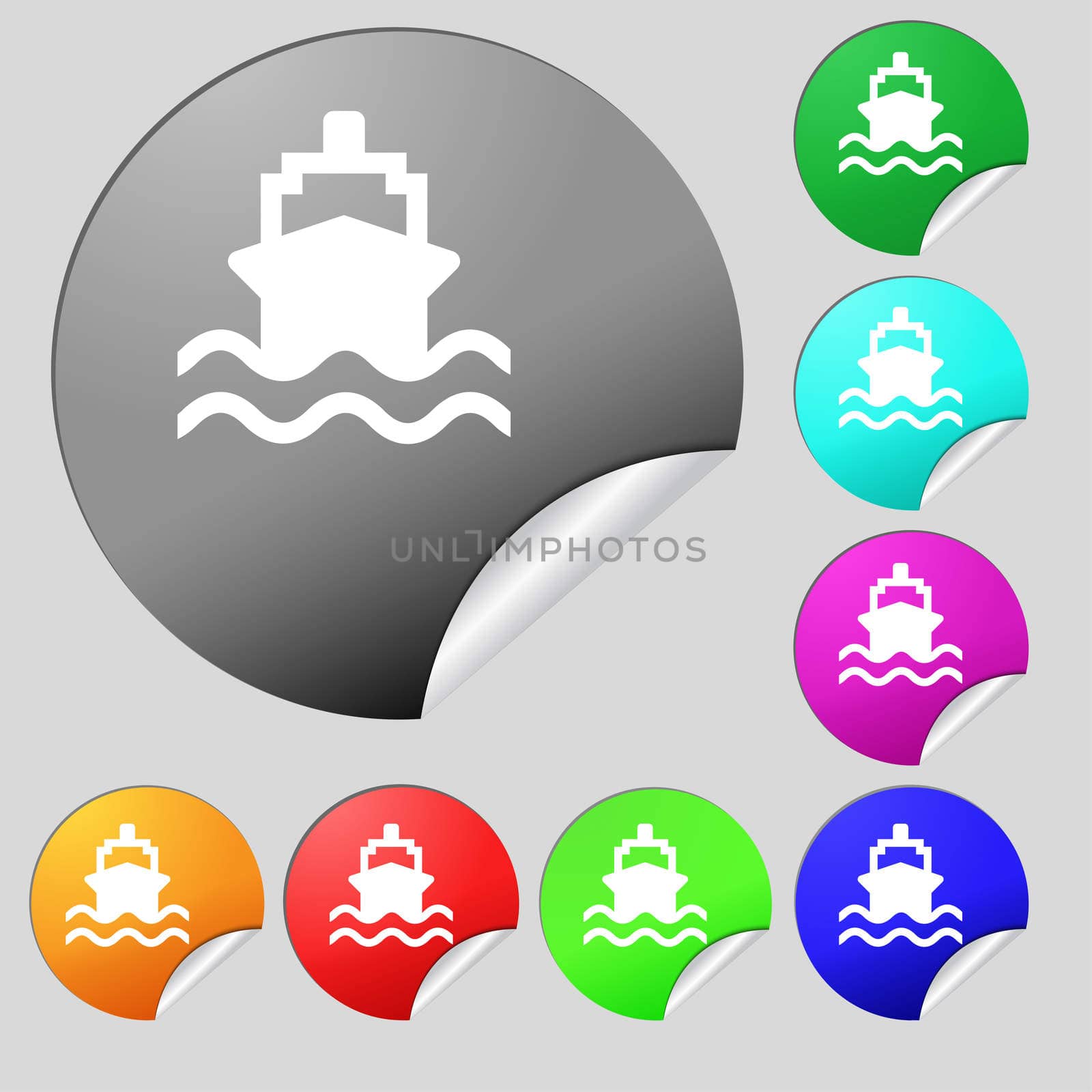 ship icon sign. Set of eight multi-colored round buttons, stickers. illustration