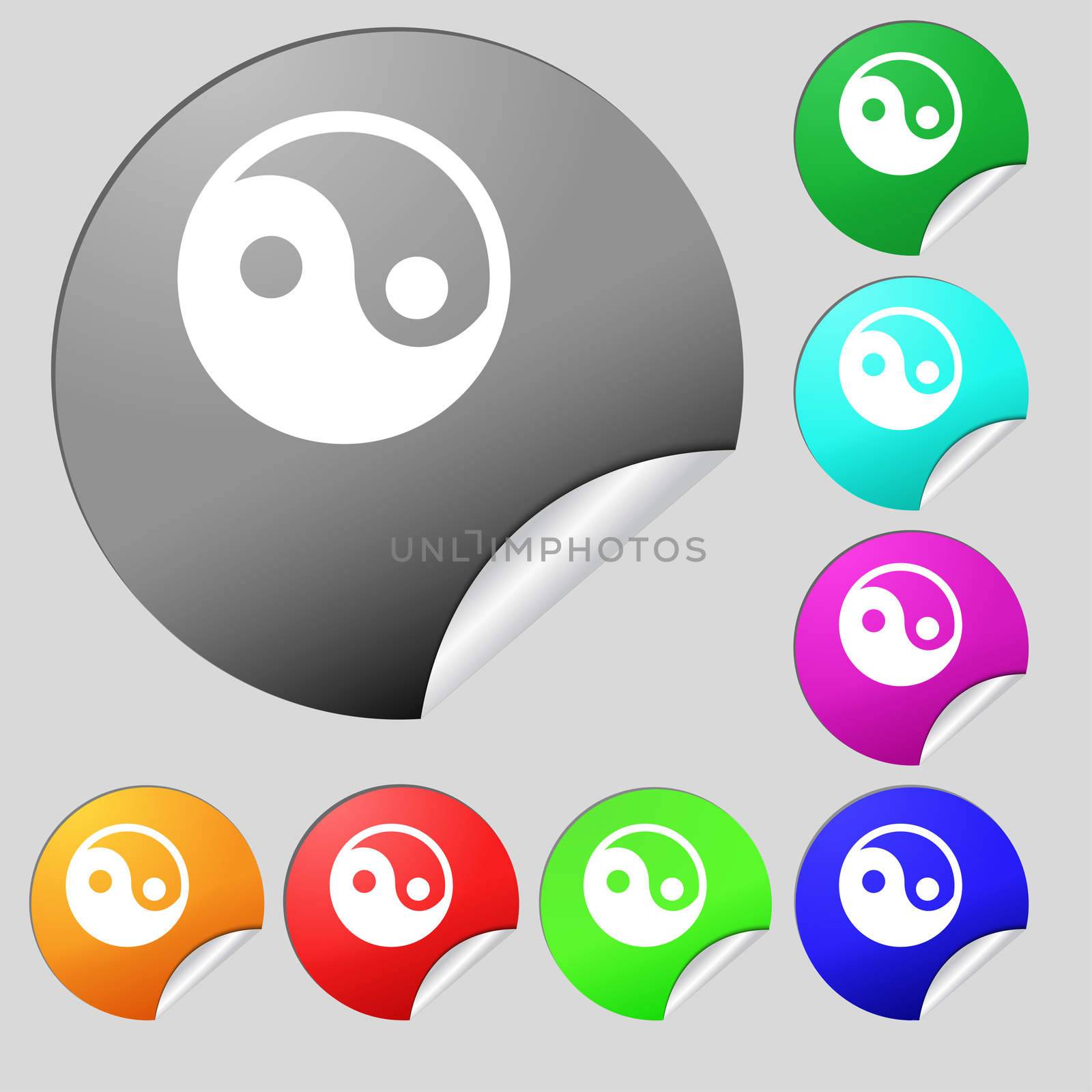 Ying yang icon sign. Set of eight multi-colored round buttons, stickers.  by serhii_lohvyniuk