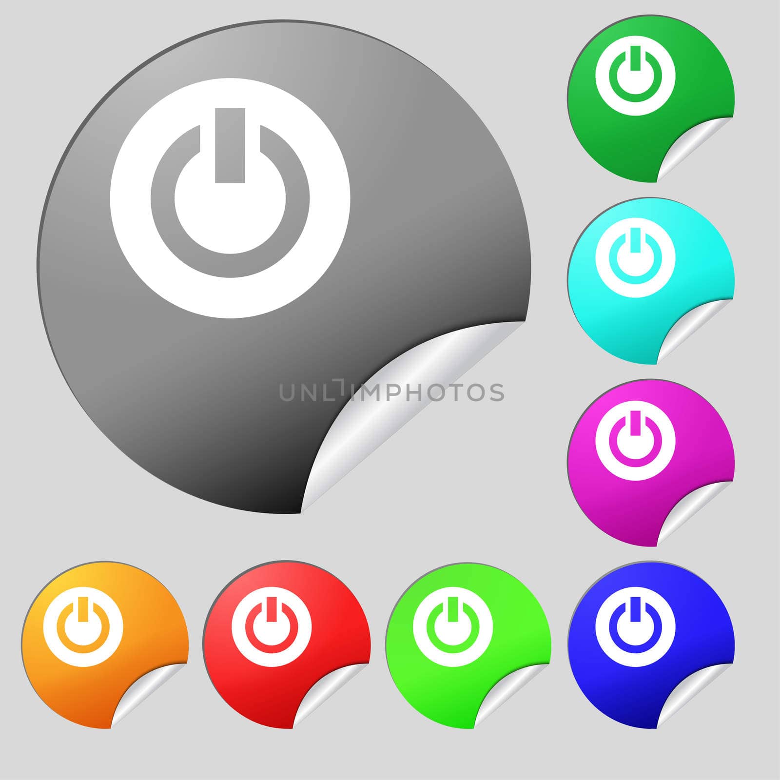 Power, Switch on, Turn on  icon sign. Set of eight multi-colored round buttons, stickers. illustration