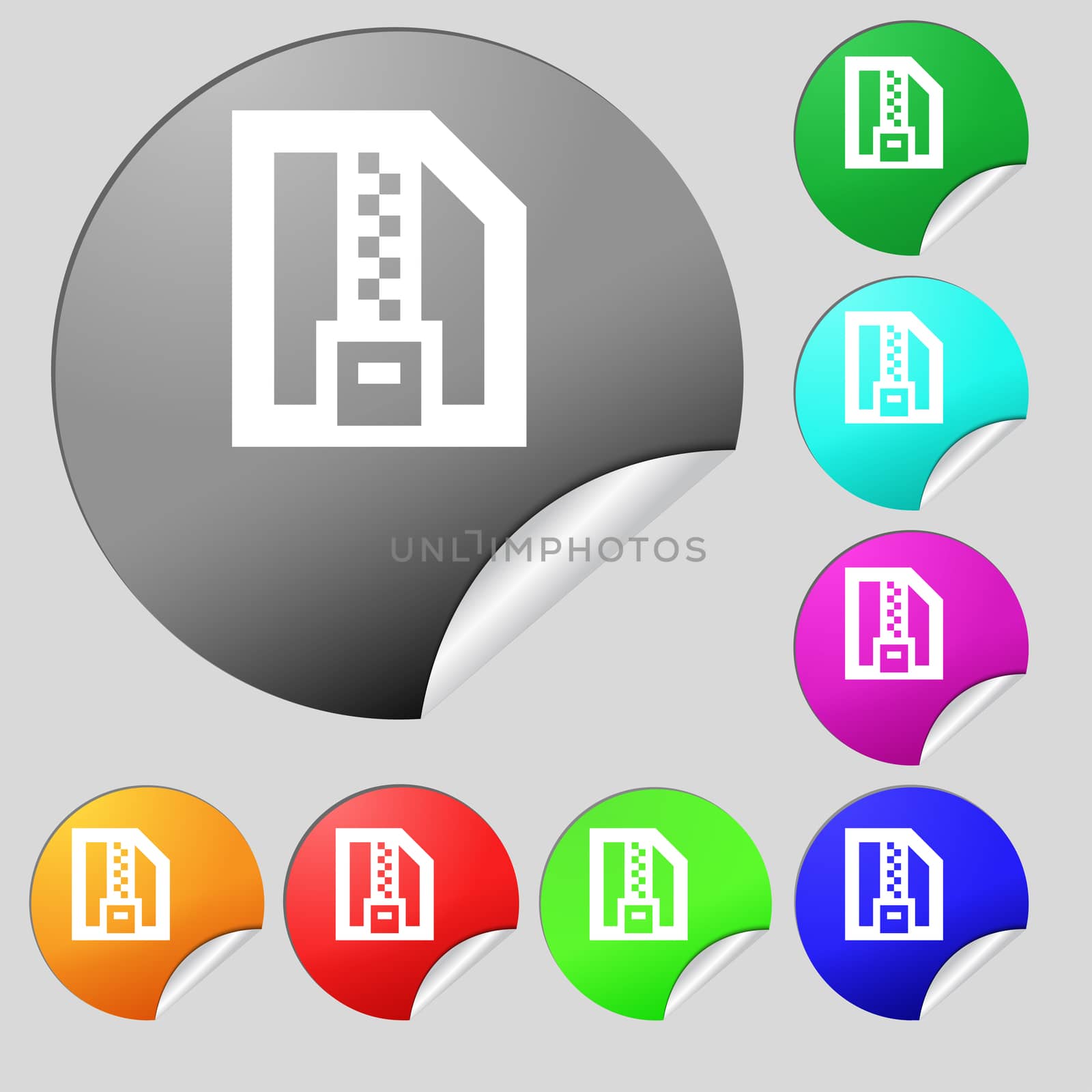 Archive file, Download compressed, ZIP zipped icon sign. Set of eight multi-colored round buttons, stickers. illustration