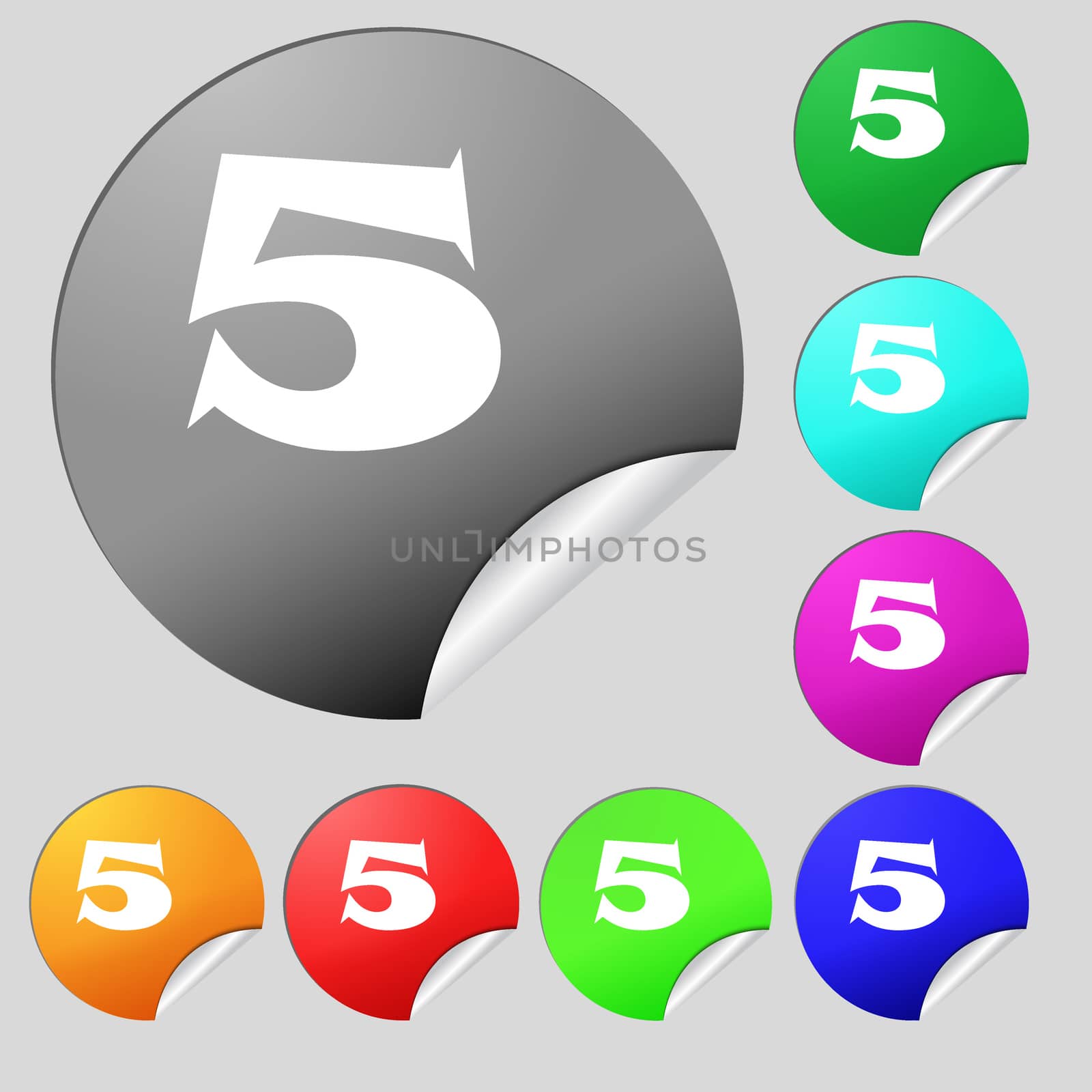 number five icon sign. Set of eight multi colored round buttons, stickers. illustration