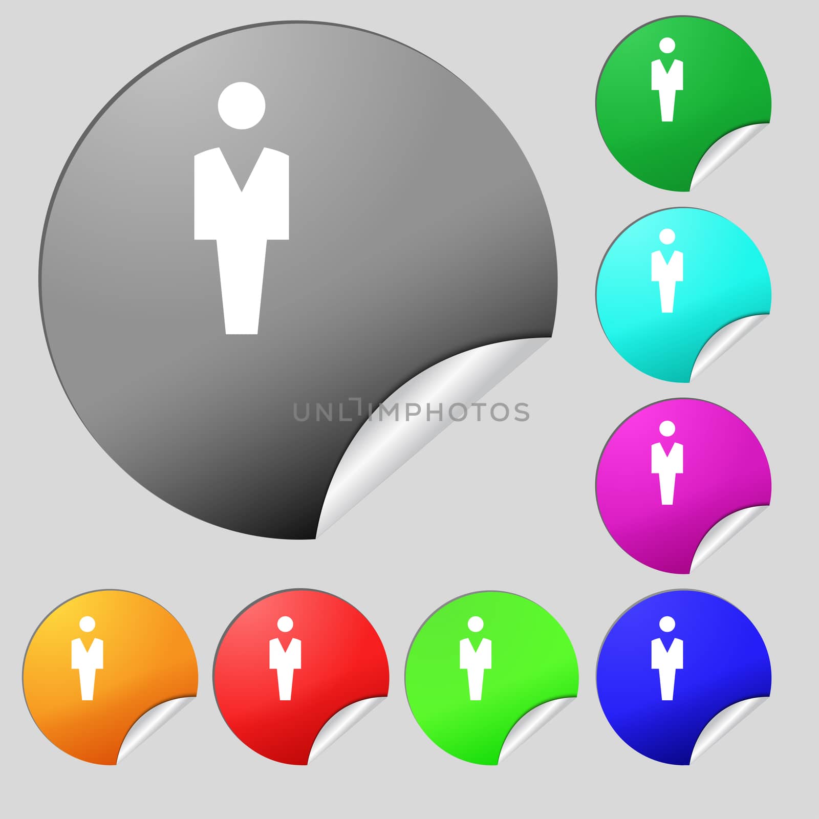 Human, Man Person, Male toilet icon sign. Set of eight multi-colored round buttons, stickers. illustration