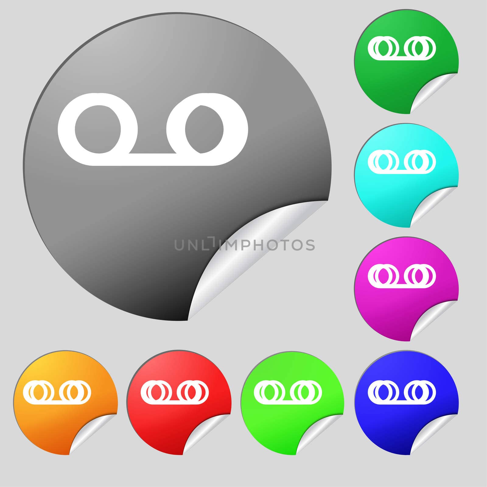 audio cassette icon sign. Set of eight multi colored round buttons, stickers. illustration