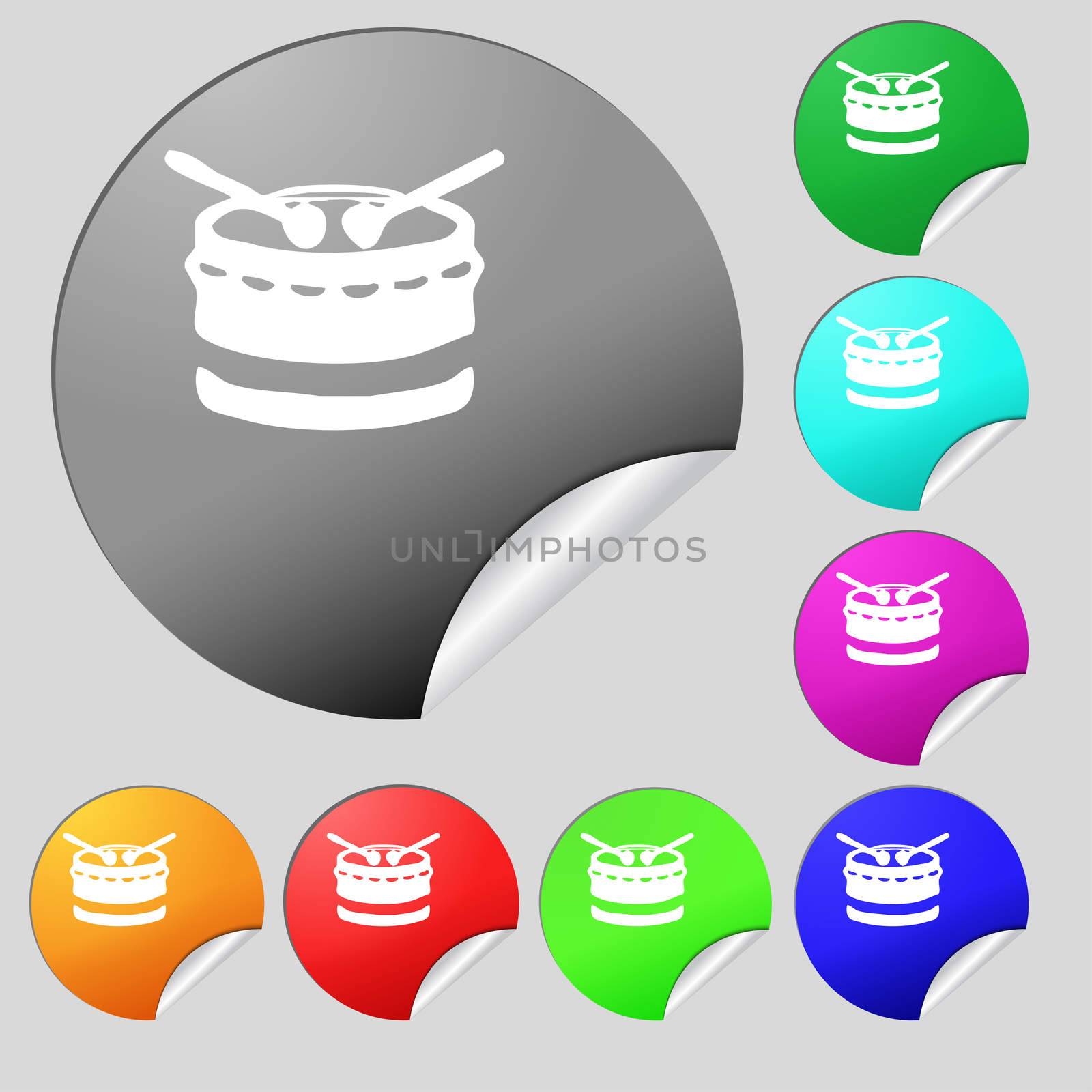 drum icon sign. Set of eight multi colored round buttons, stickers. illustration