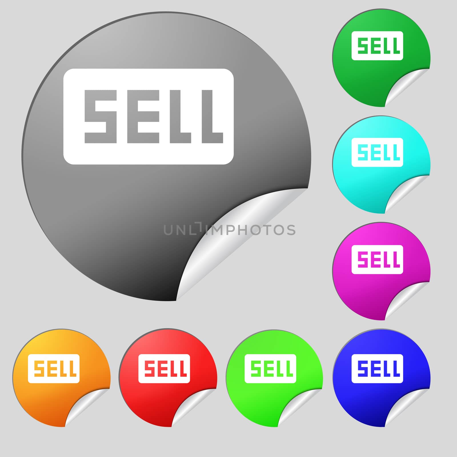 Sell, Contributor earnings icon sign. Set of eight multi-colored round buttons, stickers. illustration