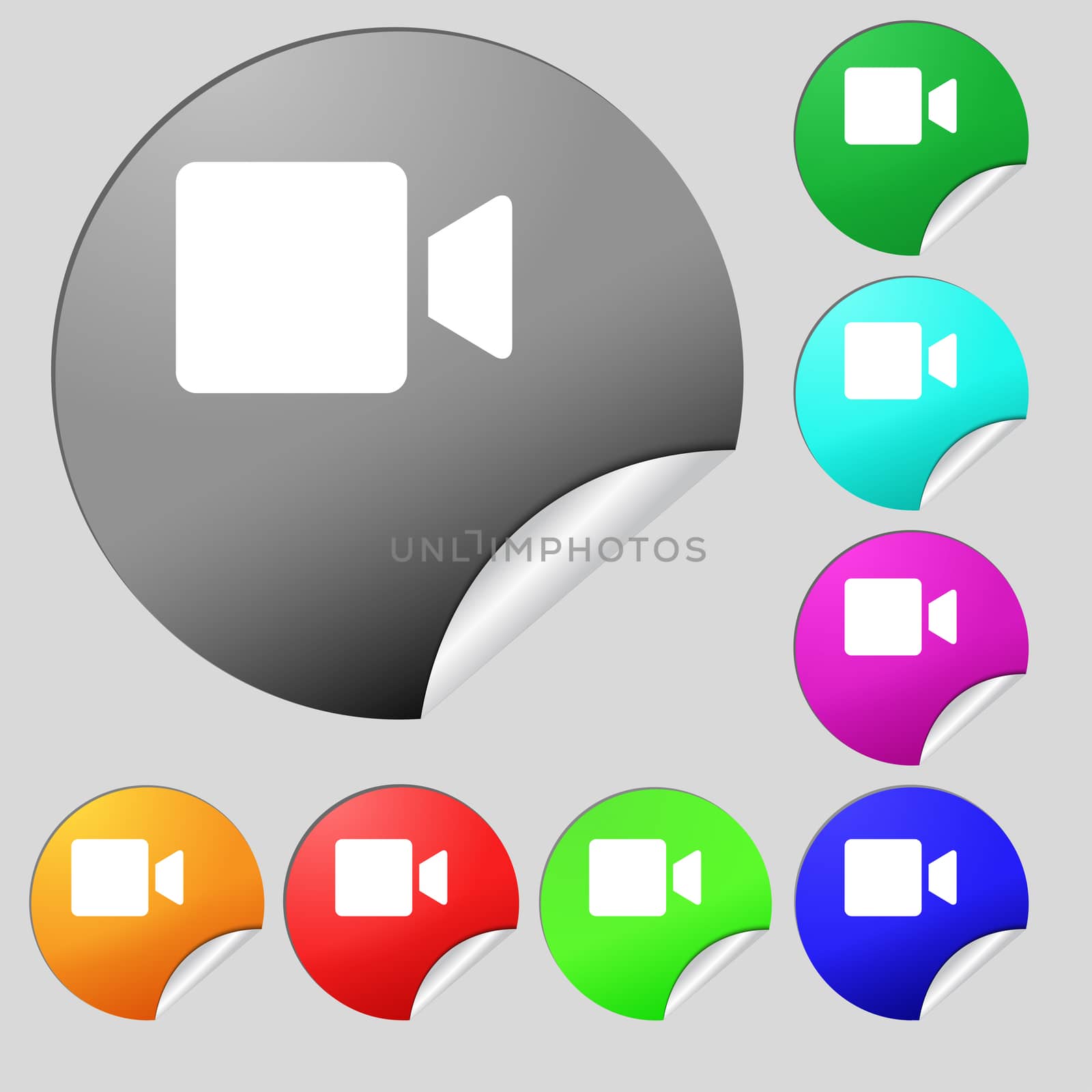 Video camera icon sign. Set of eight multi-colored round buttons, stickers. illustration