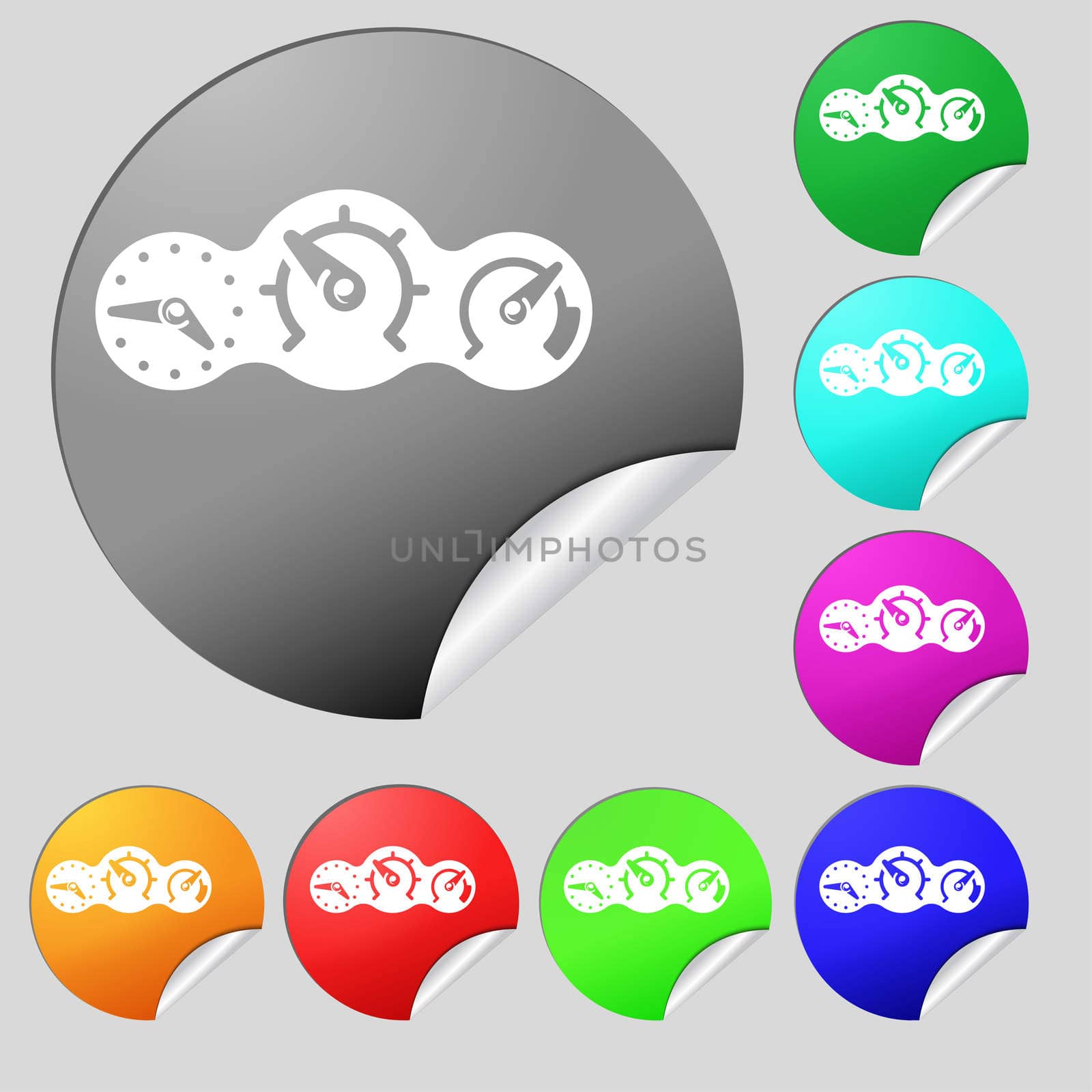 speed, speedometer icon sign. Set of eight multi colored round buttons, stickers. illustration
