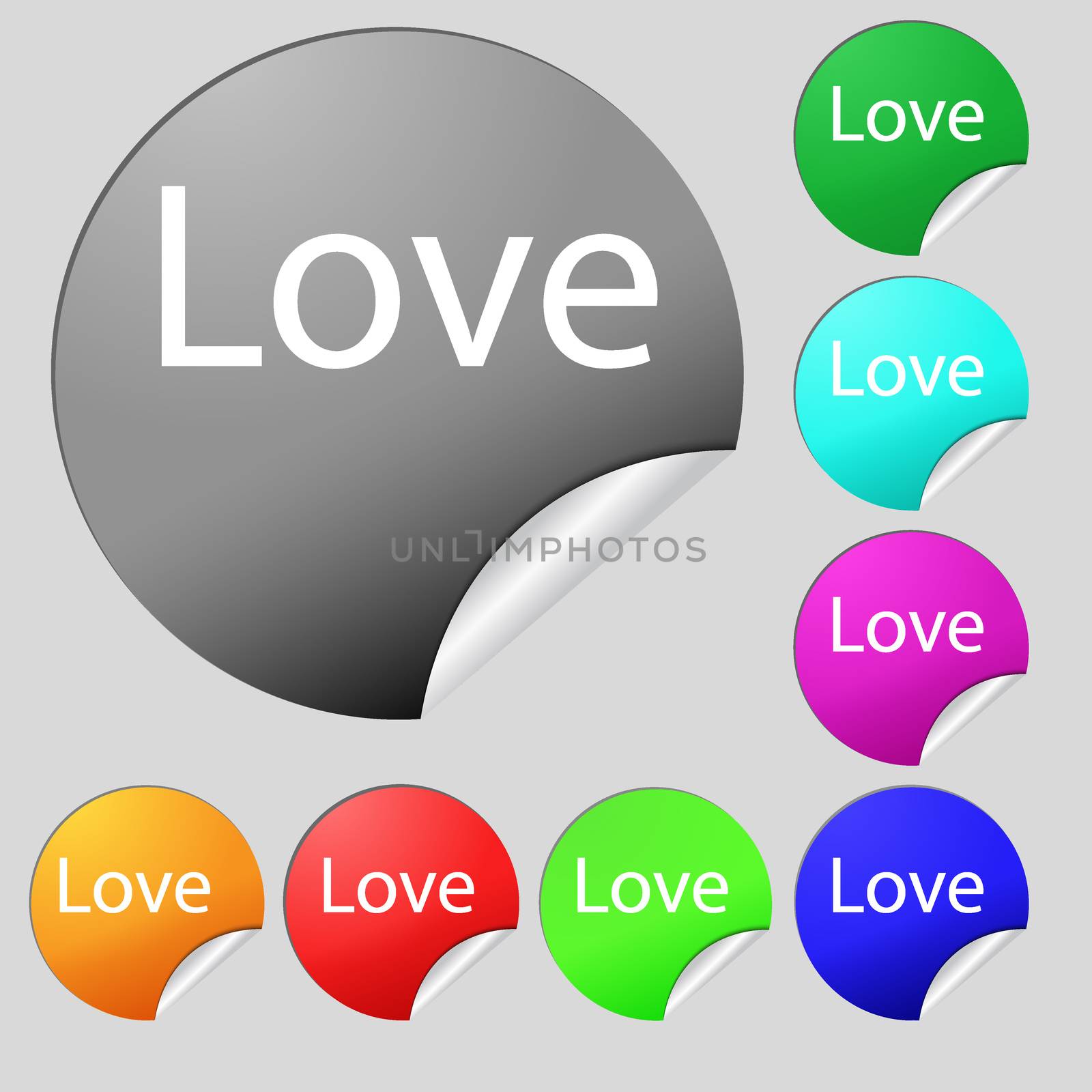 Love you sign icon. Valentines day symbol. Set of eight multi colored round buttons, stickers. illustration