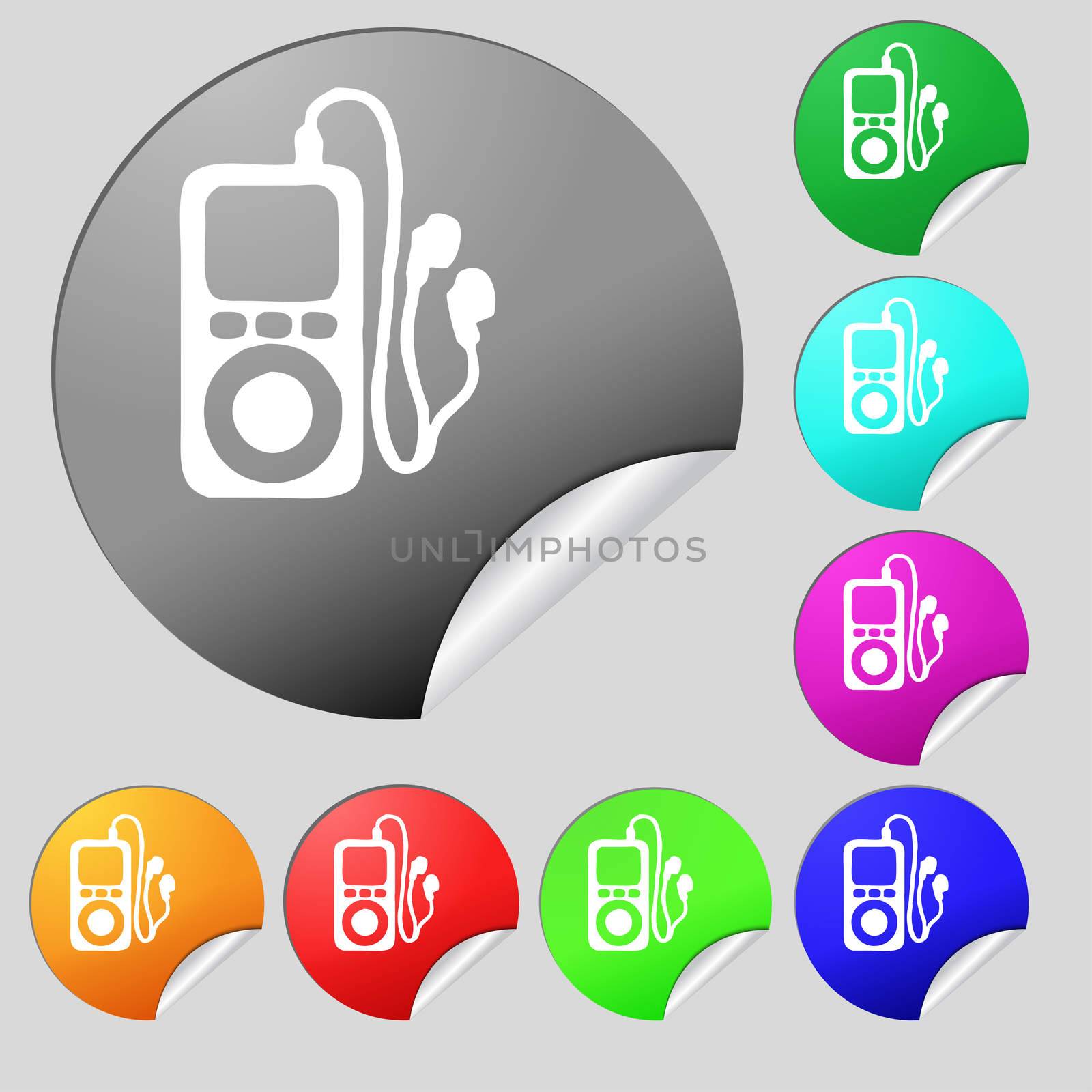 MP3 player, headphones, music icon sign. Set of eight multi colored round buttons, stickers. illustration