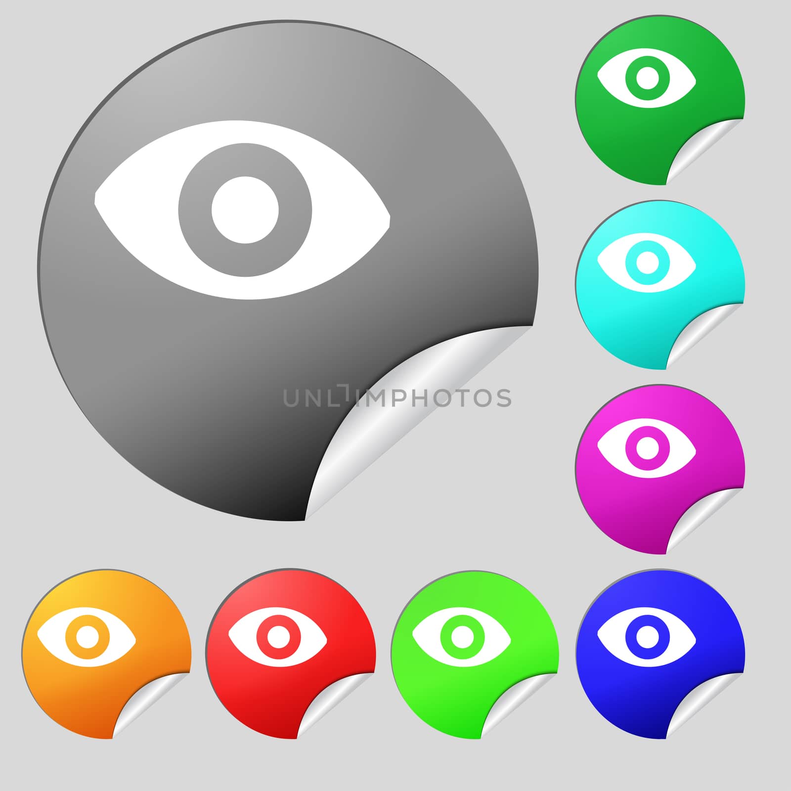 sixth sense, the eye icon sign. Set of eight multi colored round buttons, stickers.  by serhii_lohvyniuk