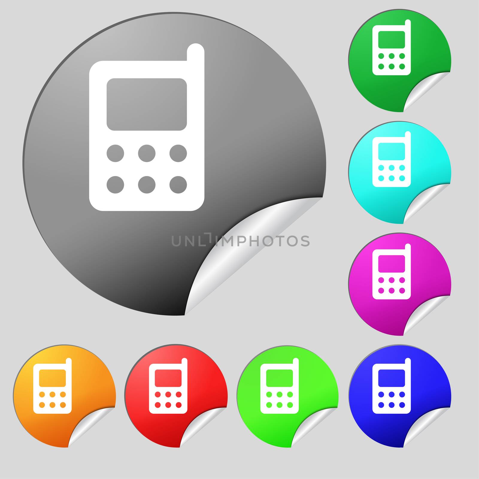 mobile phone icon sign. Set of eight multi colored round buttons, stickers. illustration