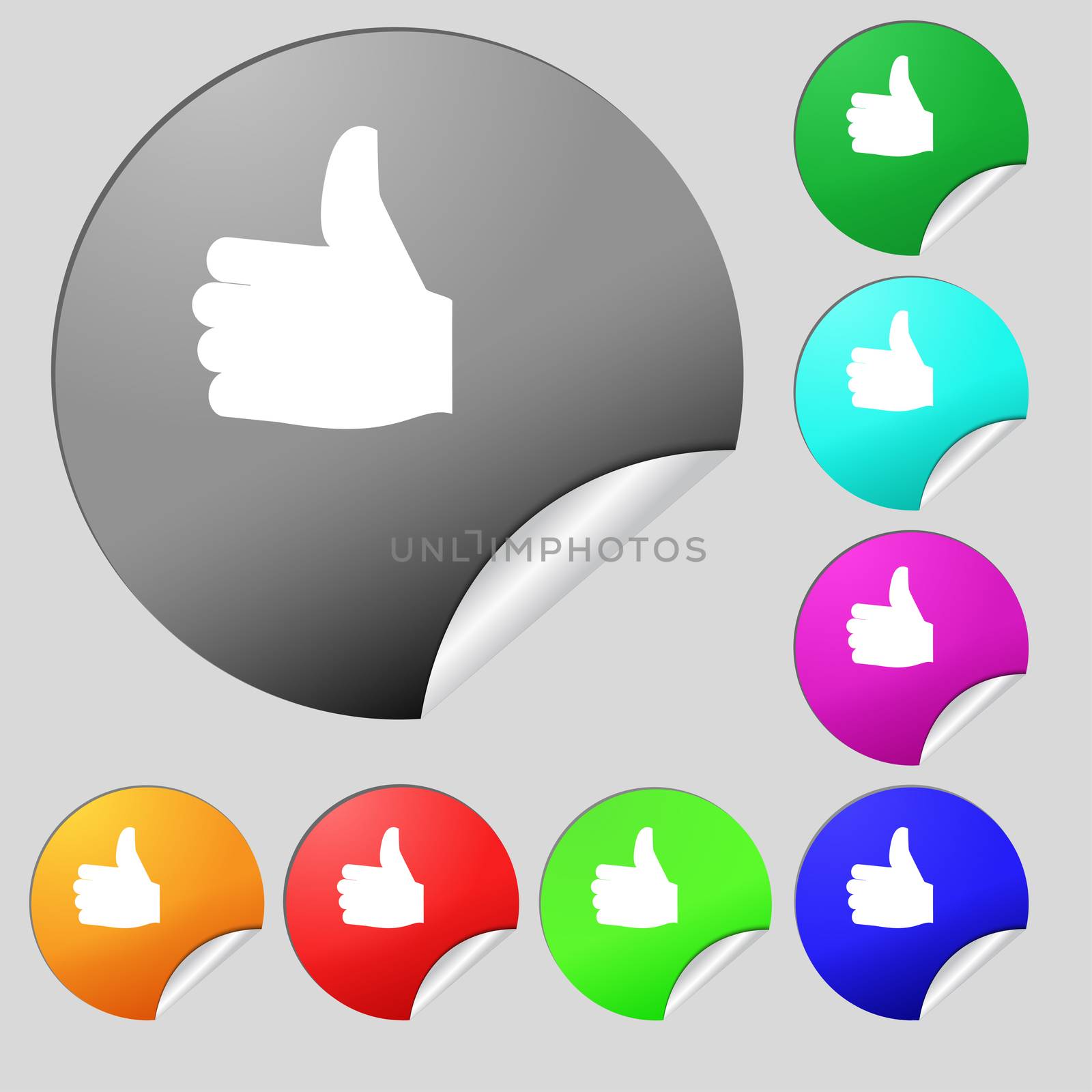 Like, Thumb up icon sign. Set of eight multi-colored round buttons, stickers. illustration