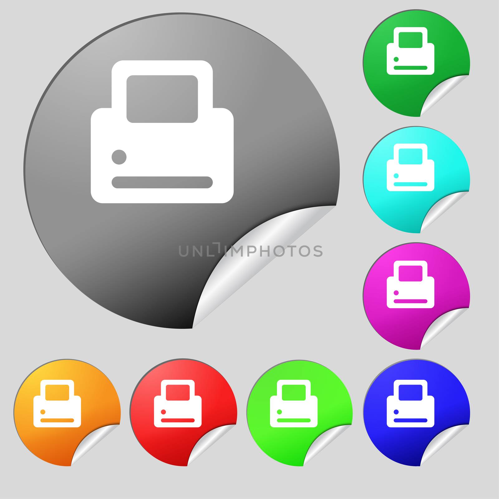 Printing icon sign. Set of eight multi-colored round buttons, stickers. illustration