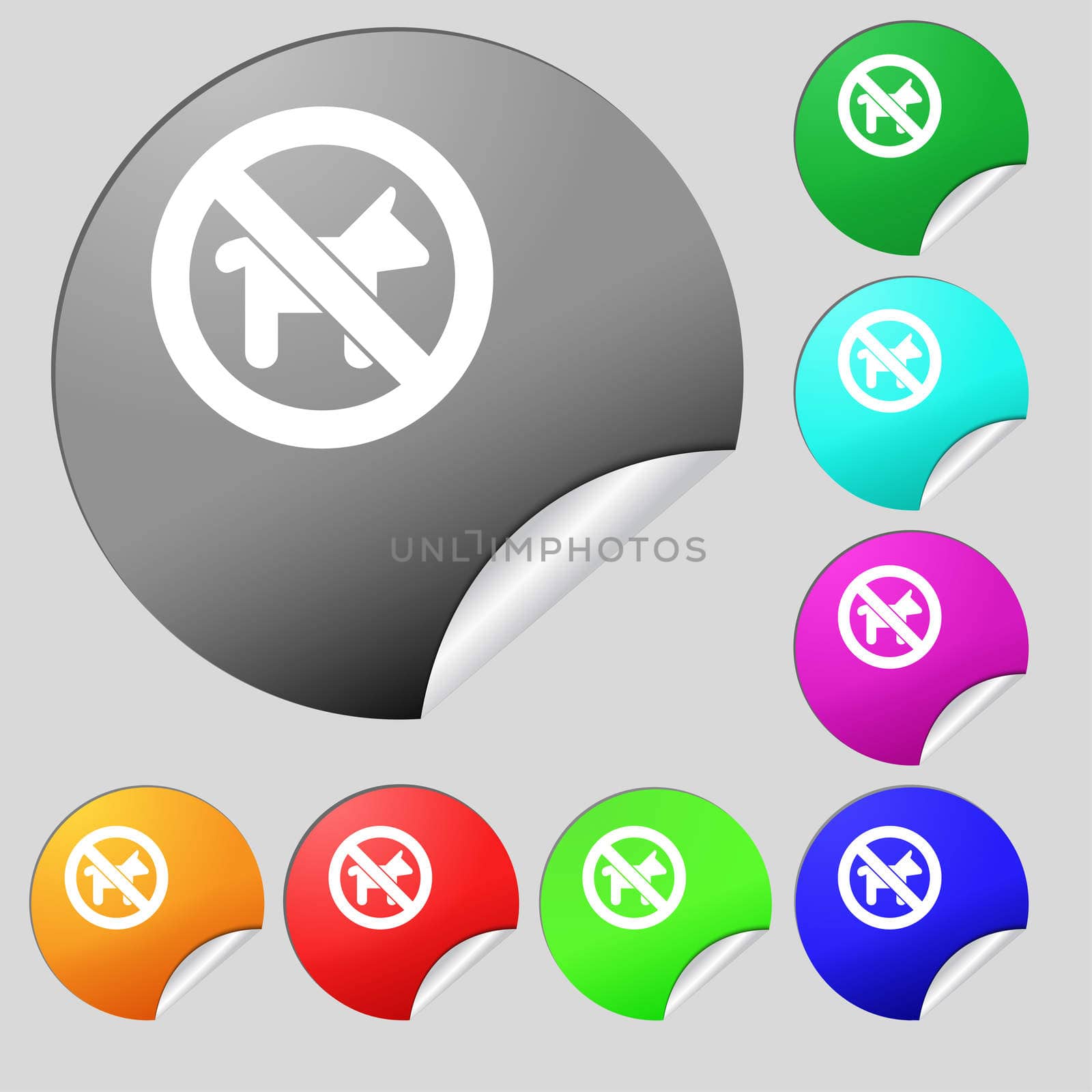 dog walking is prohibited icon sign. Set of eight multi colored round buttons, stickers.  by serhii_lohvyniuk