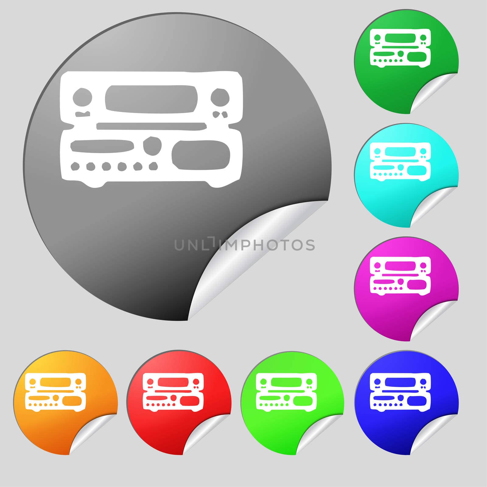 radio, receiver, amplifier icon sign. Set of eight multi colored round buttons, stickers. illustration