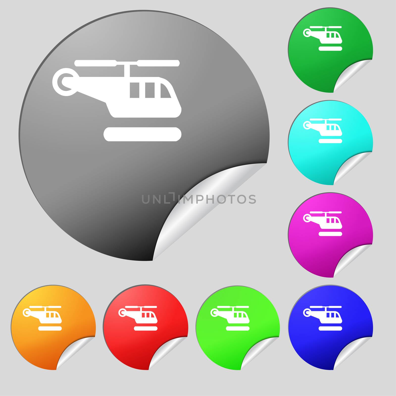 helicopter icon sign. Set of eight multi colored round buttons, stickers.  by serhii_lohvyniuk