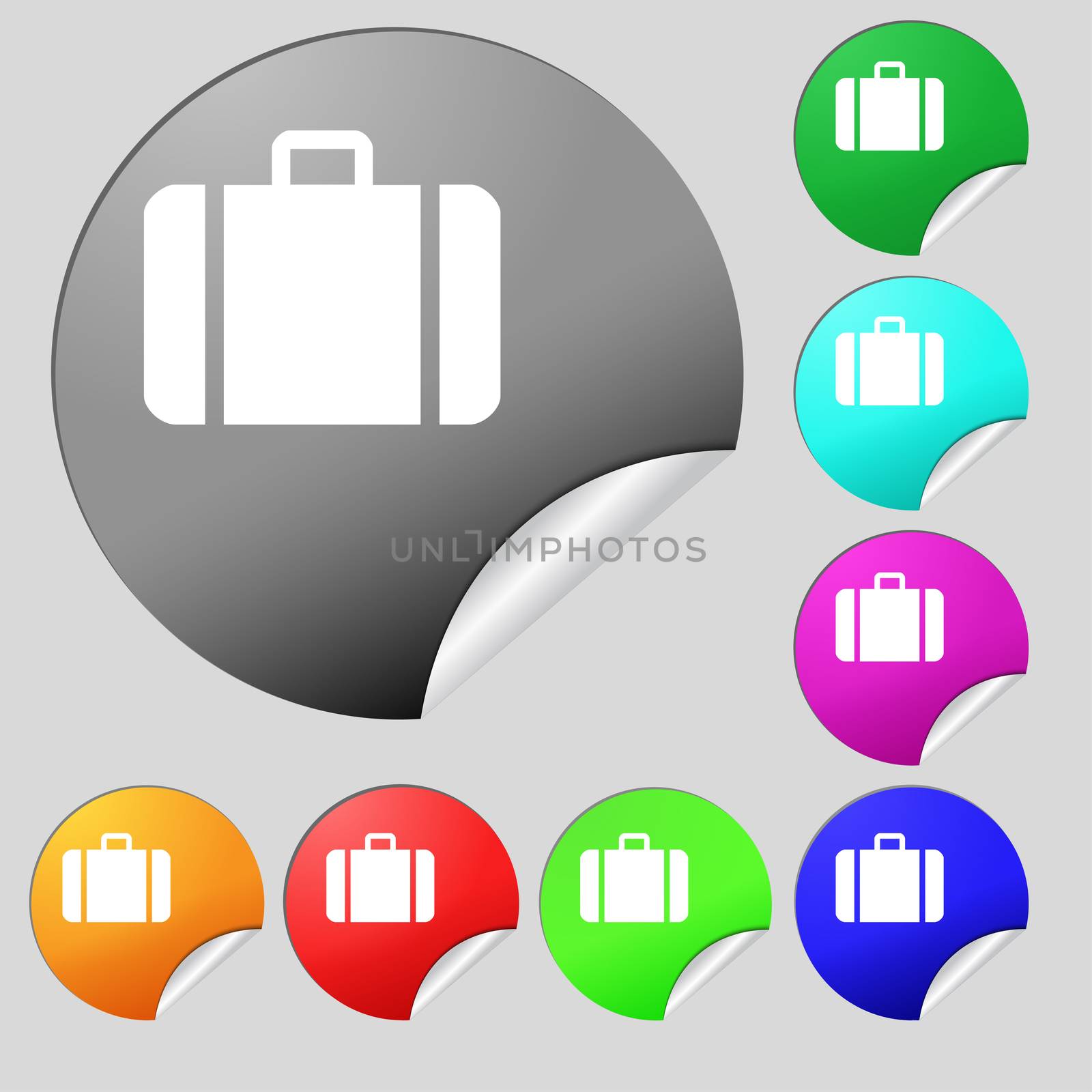 suitcase icon sign. Set of eight multi colored round buttons, stickers.  by serhii_lohvyniuk