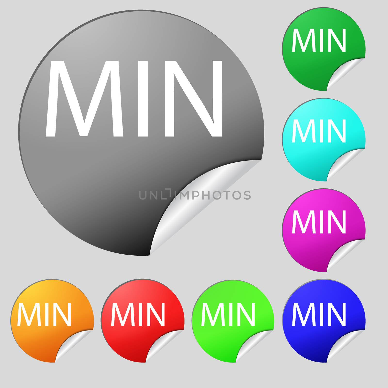 minimum sign icon. Set of eight multi colored round buttons, stickers. illustration