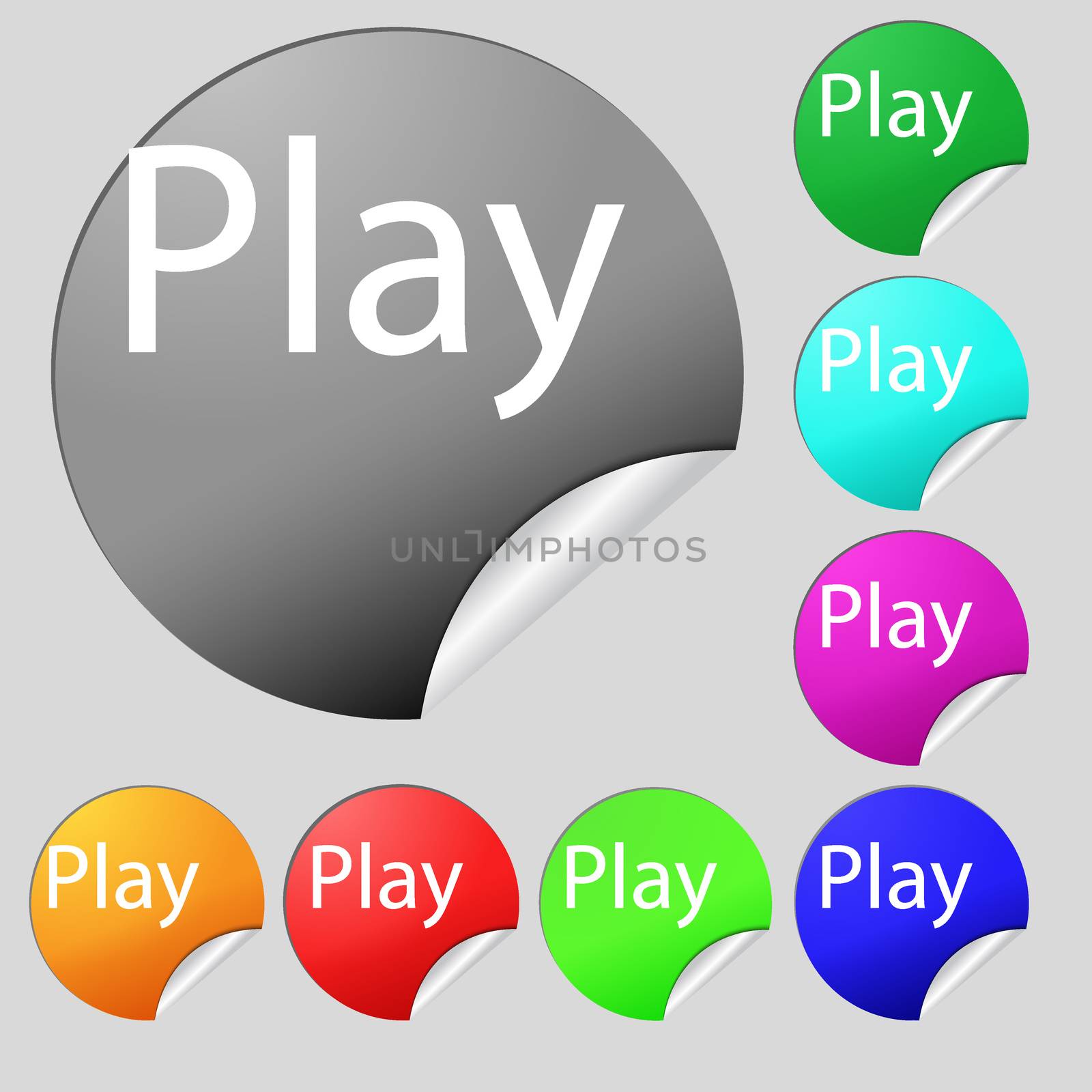 Play sign icon. symbol. Set of eight multi colored round buttons, stickers. illustration
