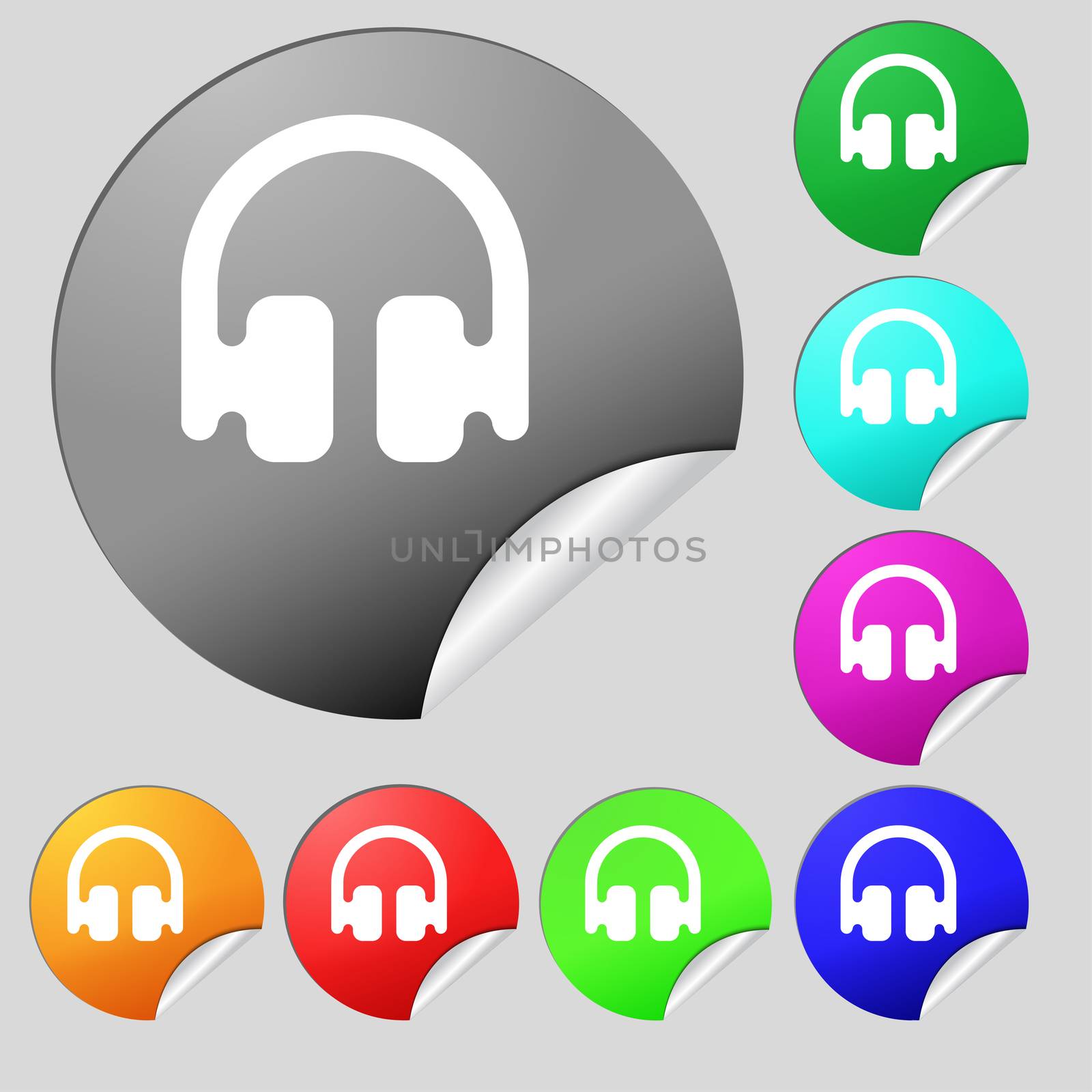 Headphones, Earphones icon sign. Set of eight multi-colored round buttons, stickers. illustration