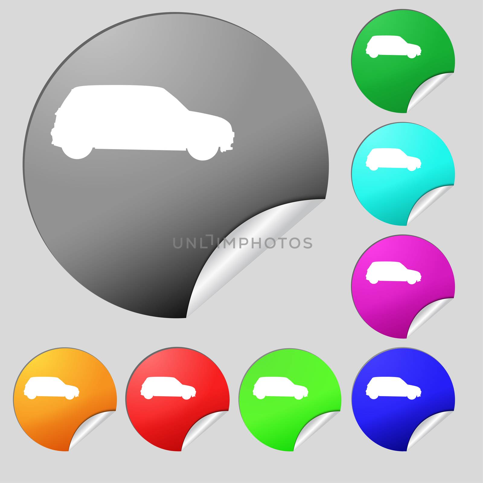 Jeep icon sign. Set of eight multi colored round buttons, stickers. illustration