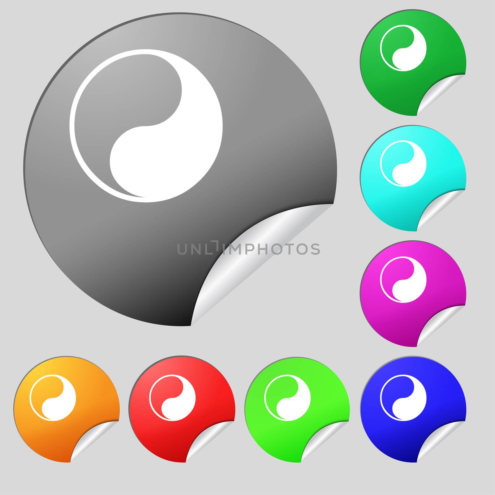 Yin Yang icon sign. Set of eight multi colored round buttons, stickers.  by serhii_lohvyniuk