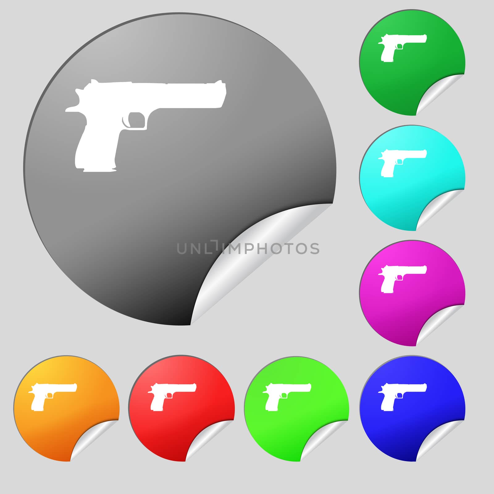 gun icon sign. Set of eight multi colored round buttons, stickers. illustration
