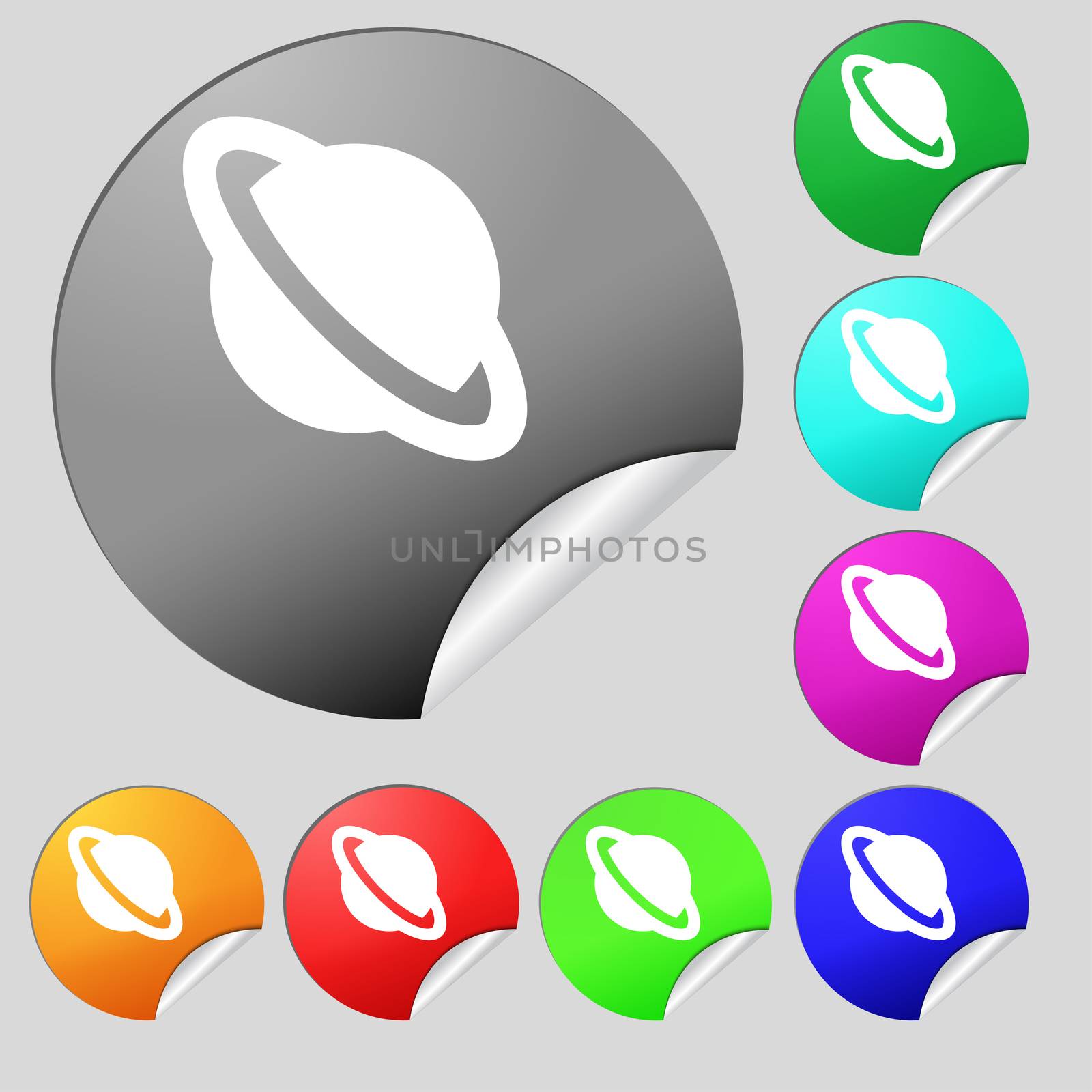 Jupiter planet icon sign. Set of eight multi-colored round buttons, stickers. illustration