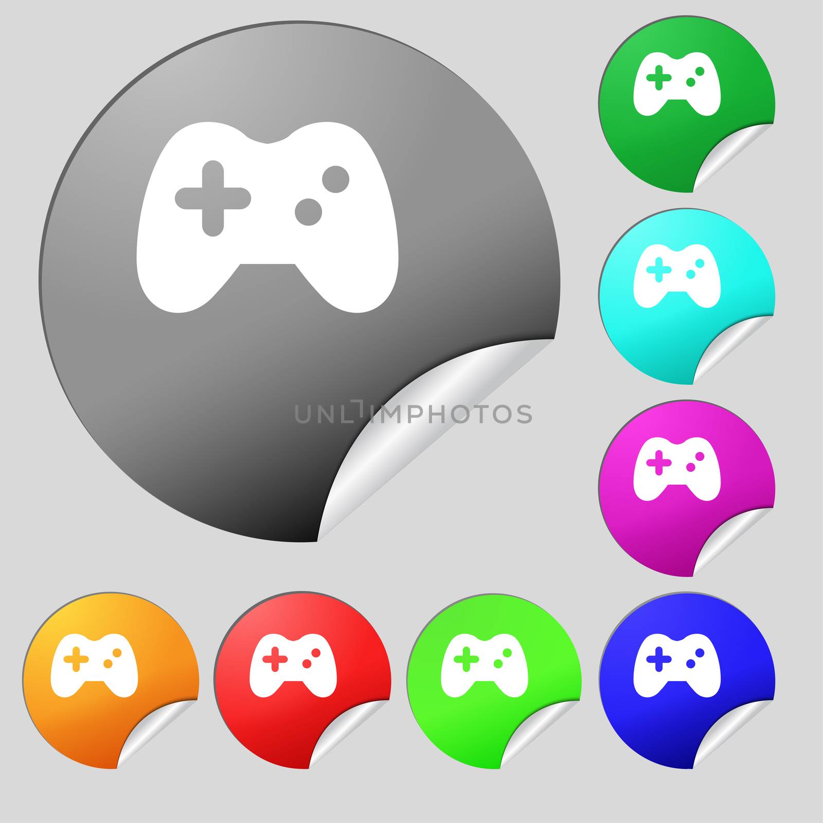 Joystick icon sign. Set of eight multi-colored round buttons, stickers.  by serhii_lohvyniuk