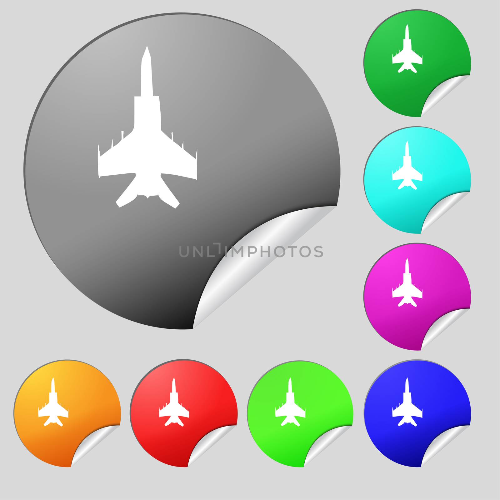 fighter icon sign. Set of eight multi colored round buttons, stickers. illustration