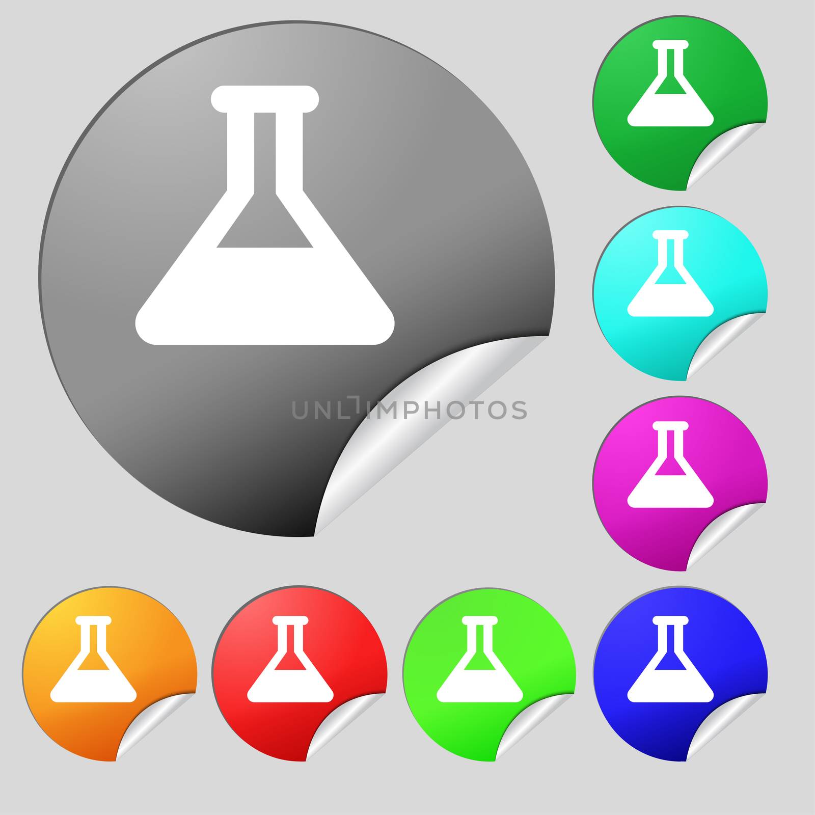 Conical Flask icon sign. Set of eight multi-colored round buttons, stickers.  by serhii_lohvyniuk