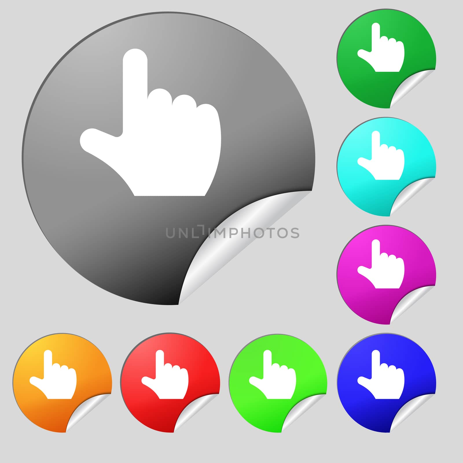 pointing hand icon sign. Set of eight multi-colored round buttons, stickers. illustration