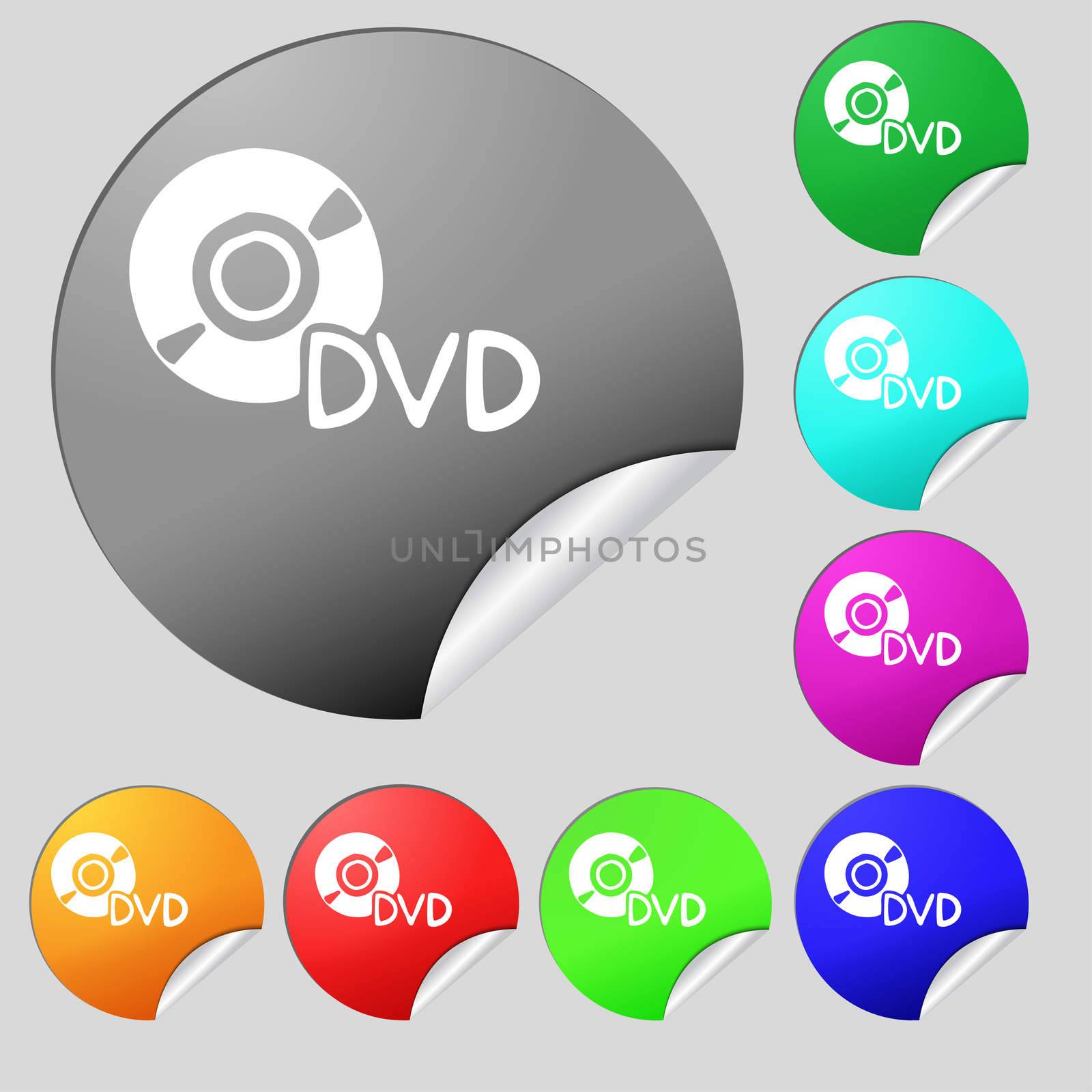 dvd icon sign. Set of eight multi colored round buttons, stickers.  by serhii_lohvyniuk